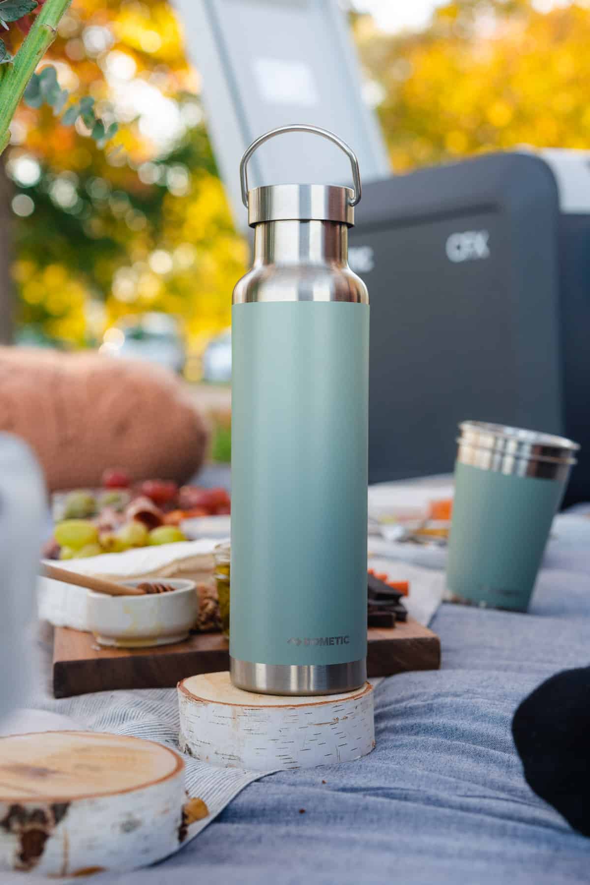 dometic tumbler with a lovely fall backdrop and portable cooler