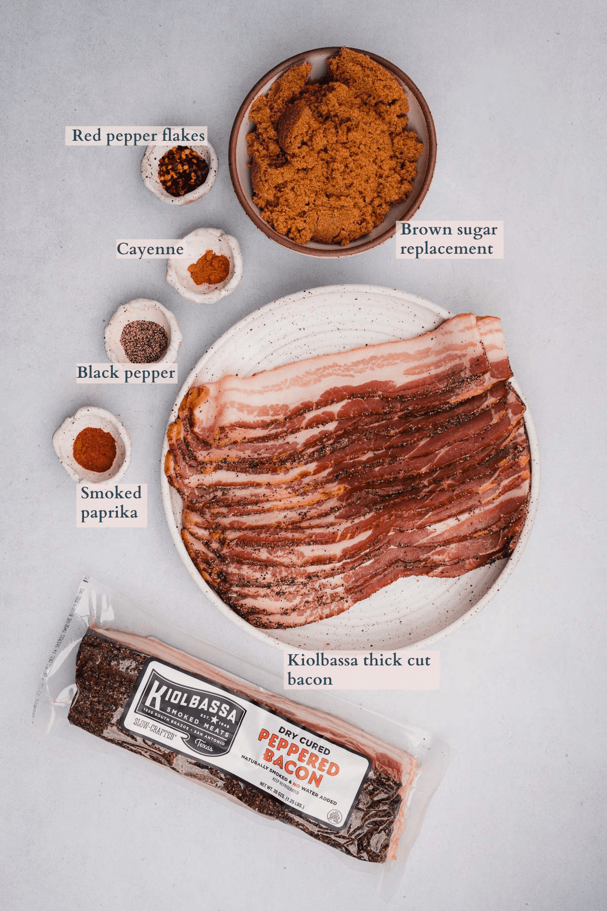 billionaire bacon recipe ingredients with text to denote different ingredients