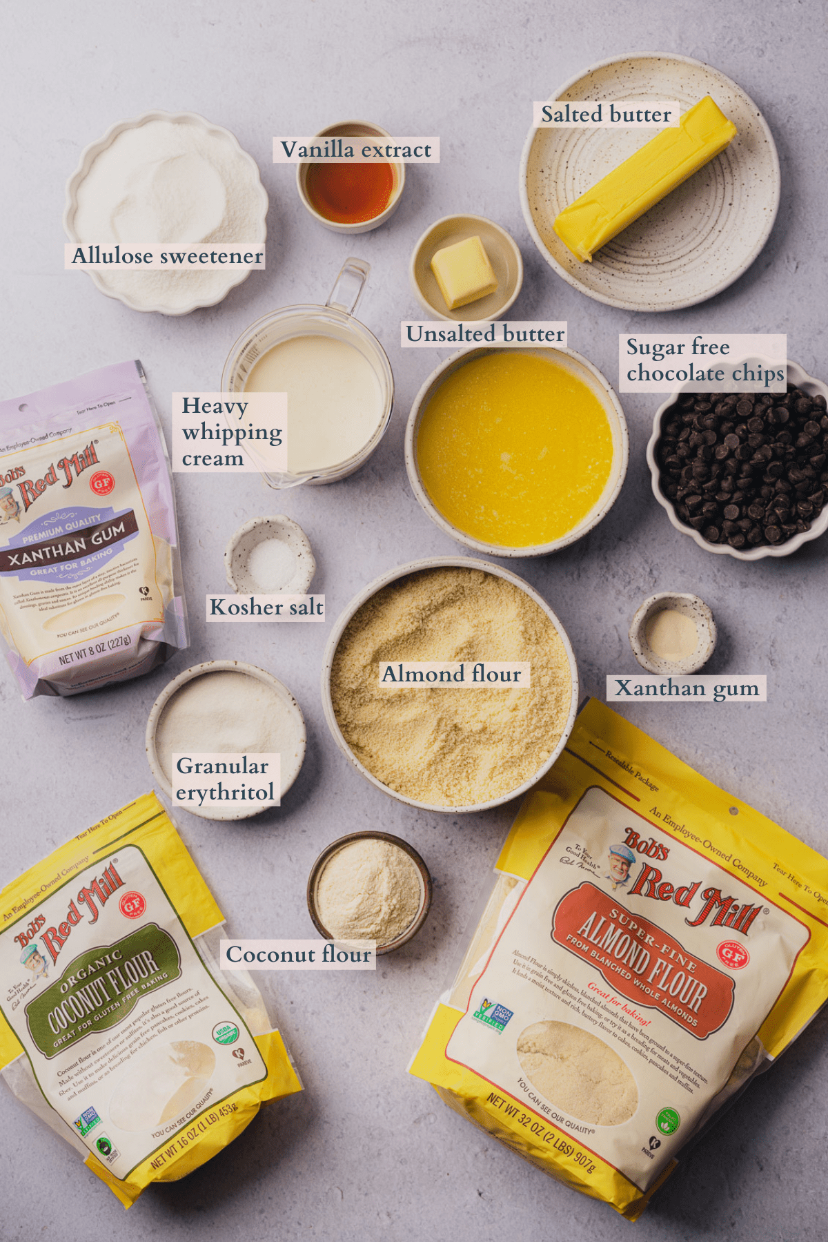 gluten free caramel slice ingredients graphic with  ingredients laid out and text to denote different ingredients