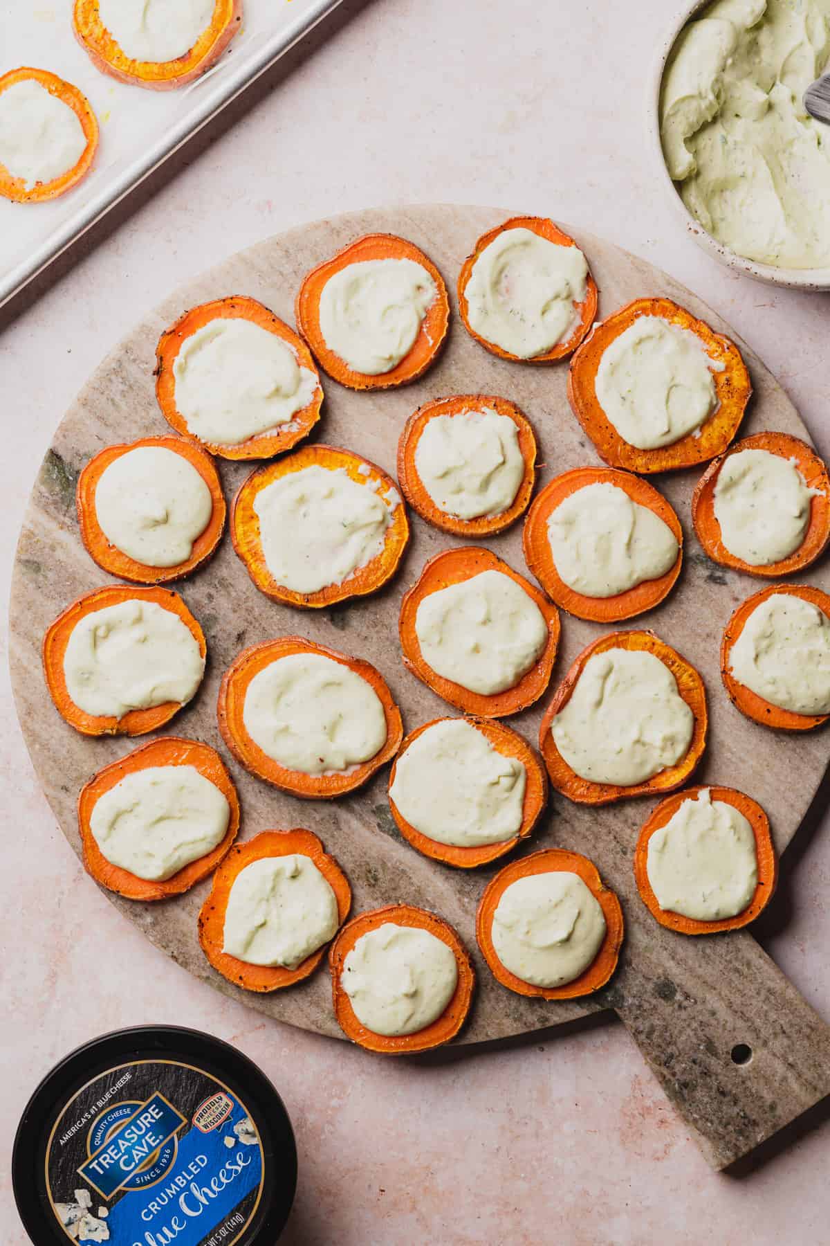 sweet potato rounds with blue cheese on top