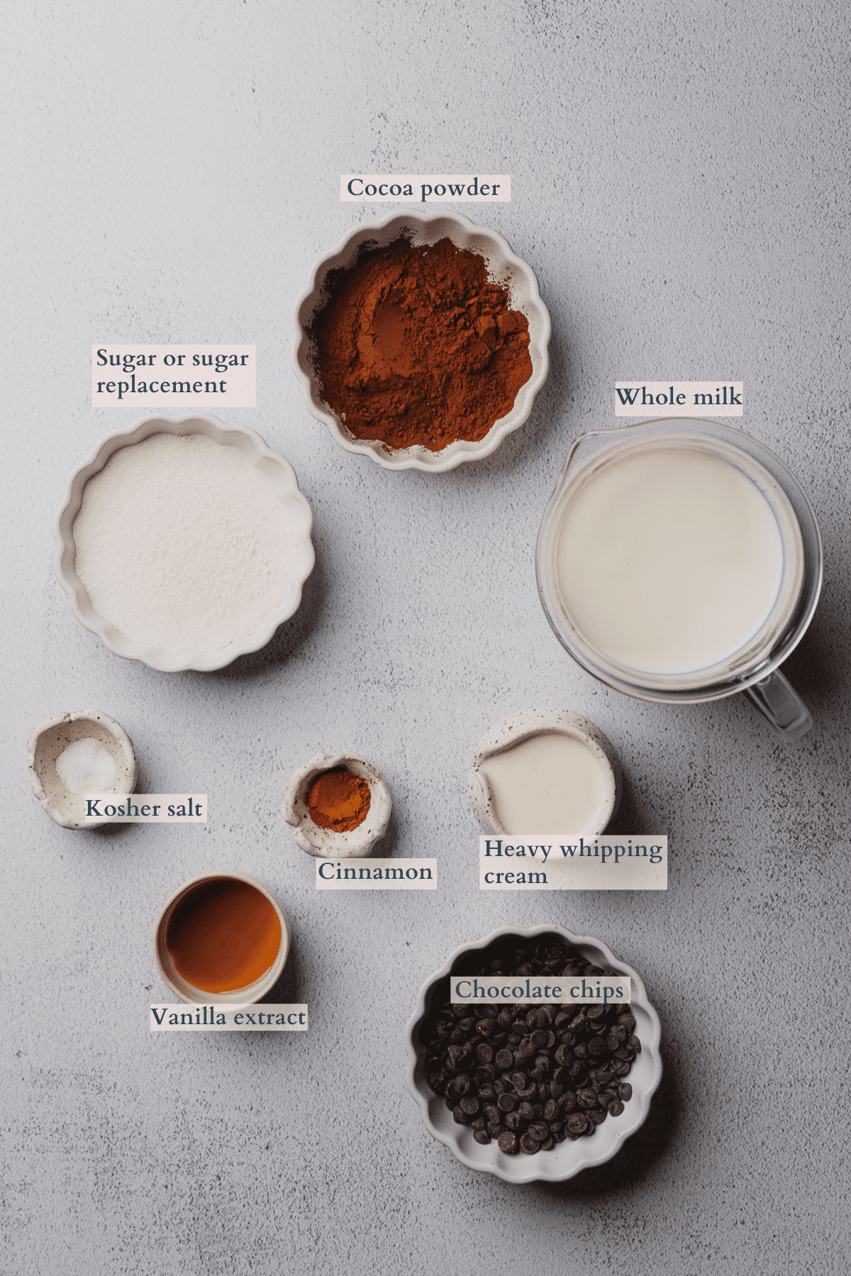 instant pot hot chocolate ingredients with text to denote different ingredients