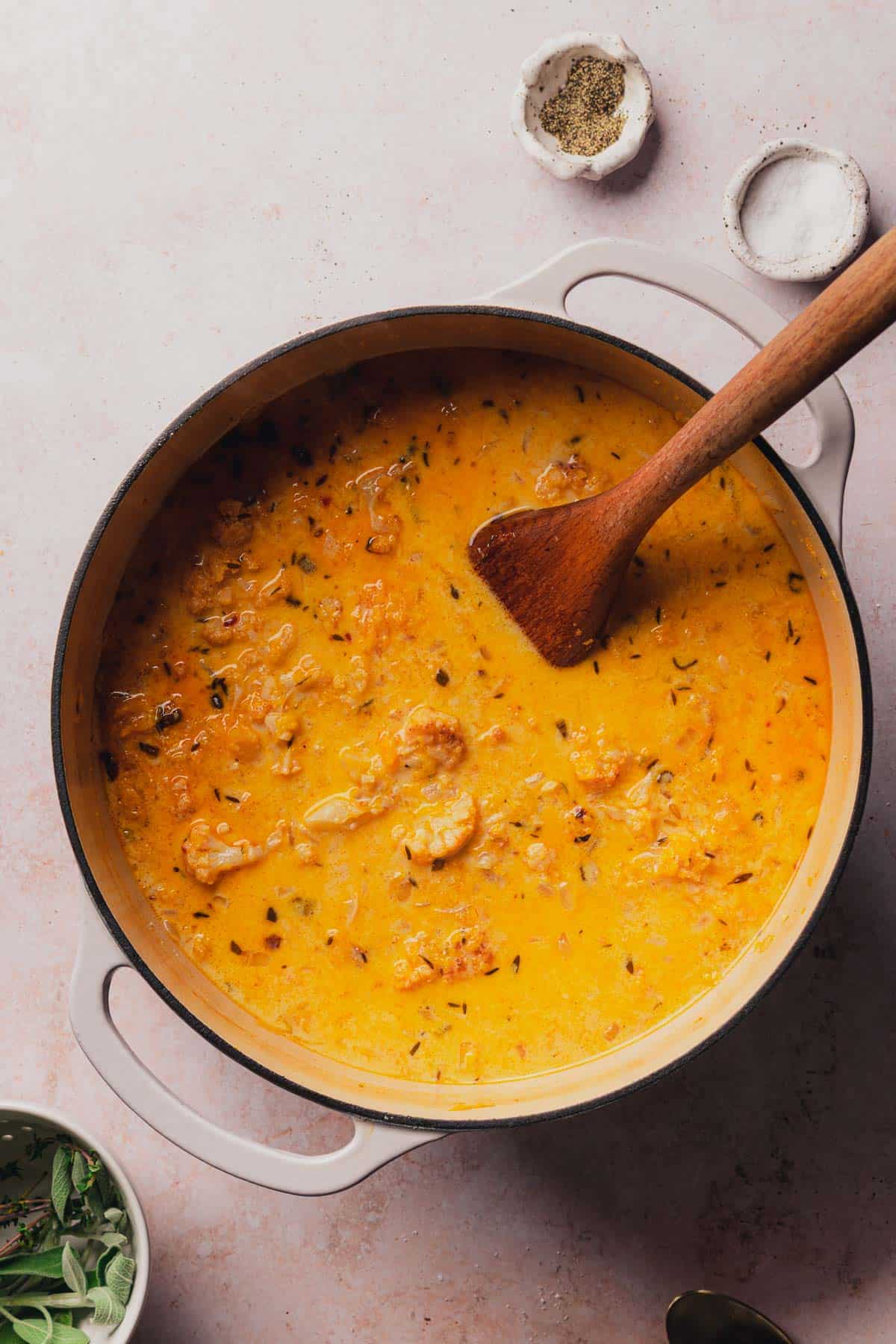 creamy butternut squash and cauliflower in a large enameled dutch oven