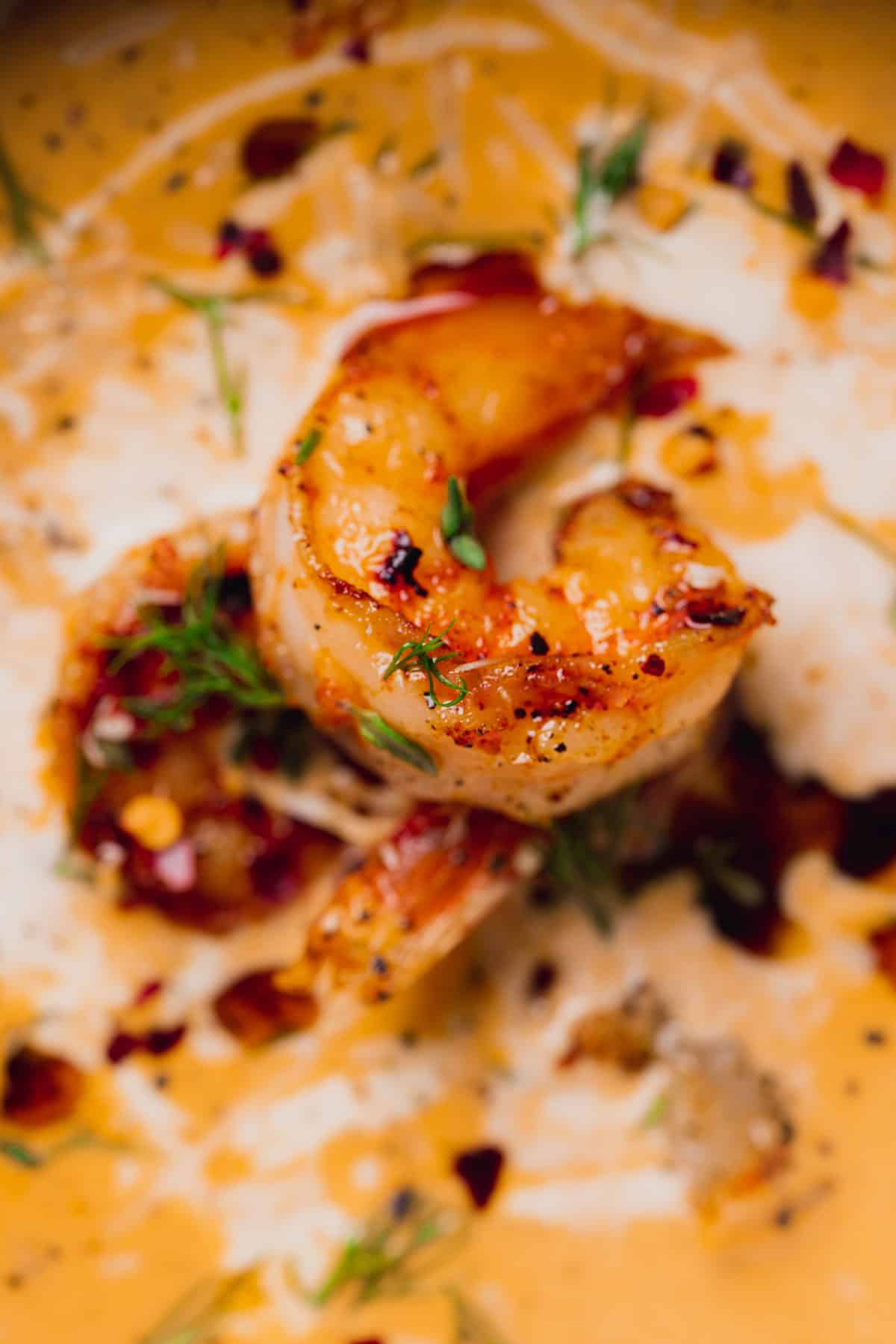 very close up shot of a shrimp that has been seared with red pepper flakes, topped with fresh dill and drizzled with some cream 
