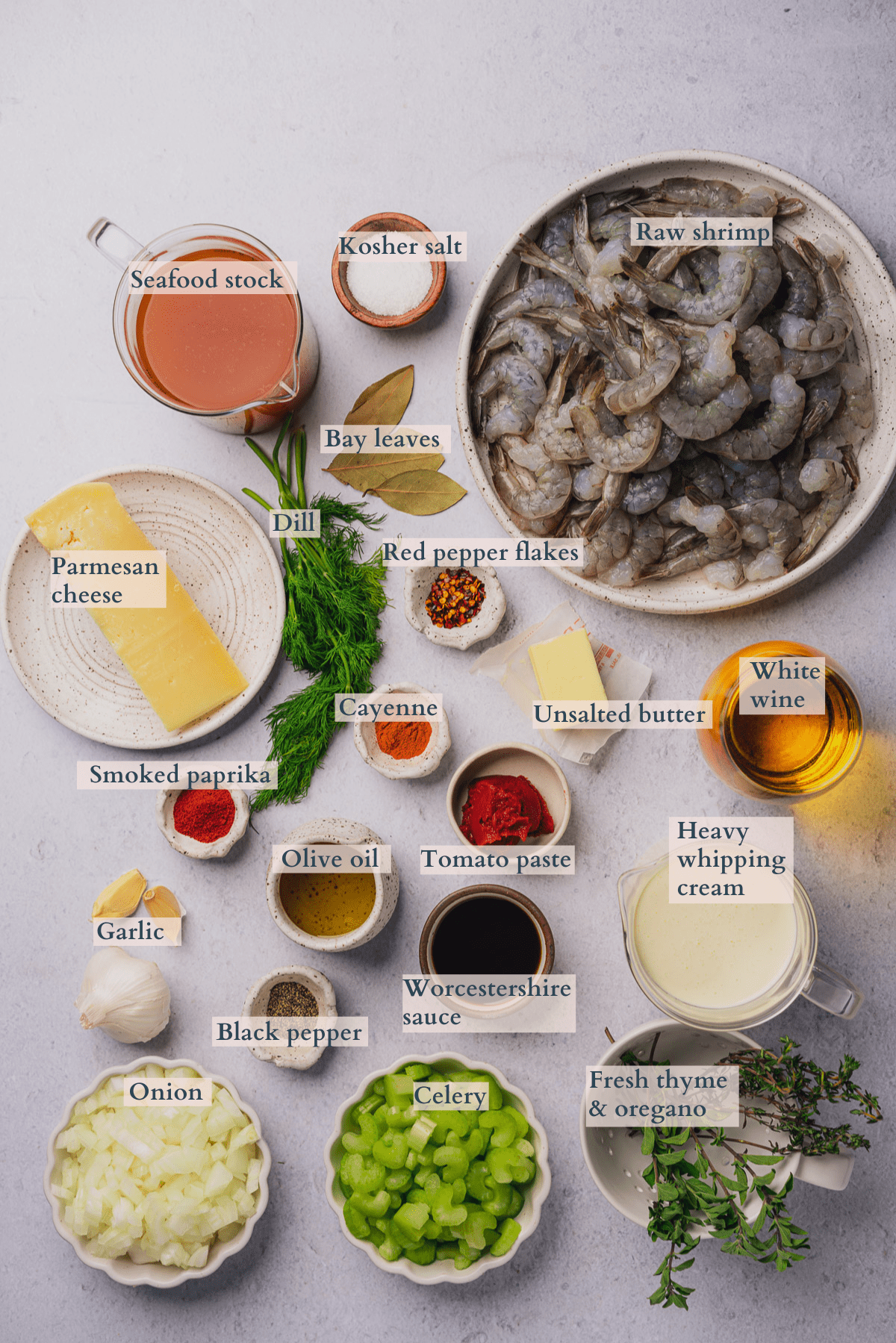 ingredients to make keto shrimp bisque, with text to denote different ingredients 