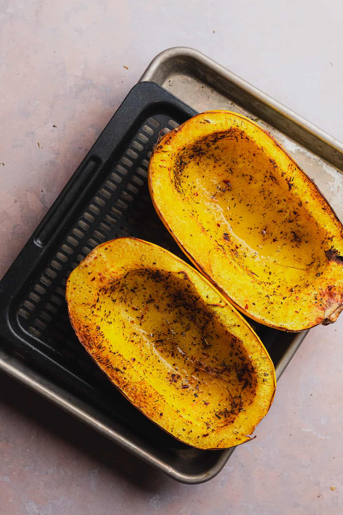 baked and golden brown spaghetti squash halves 