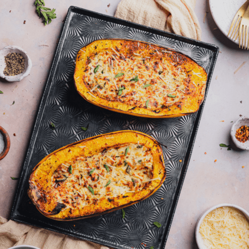 air fryer spaghetti squash with cheesy garlic filling