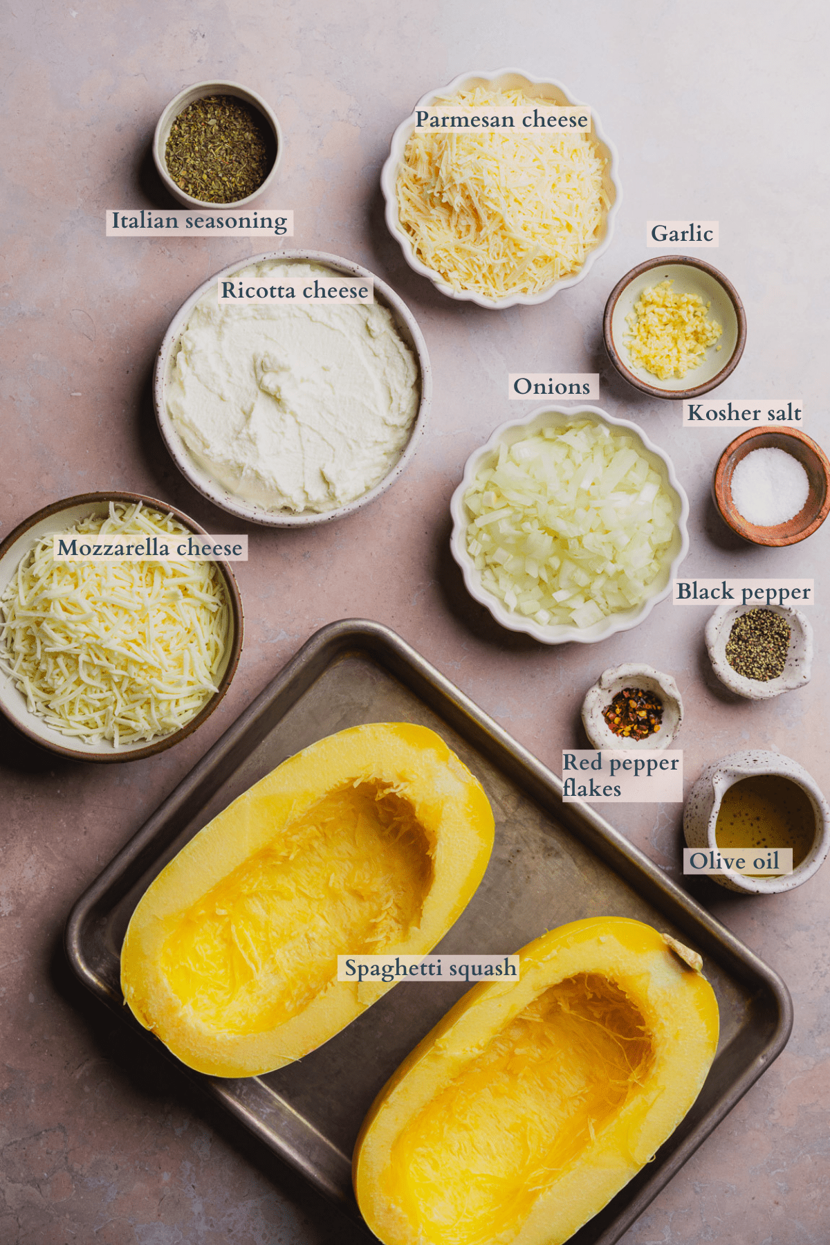 cheesy air fryer spaghetti squash ingredients with text to denote different ingredients
