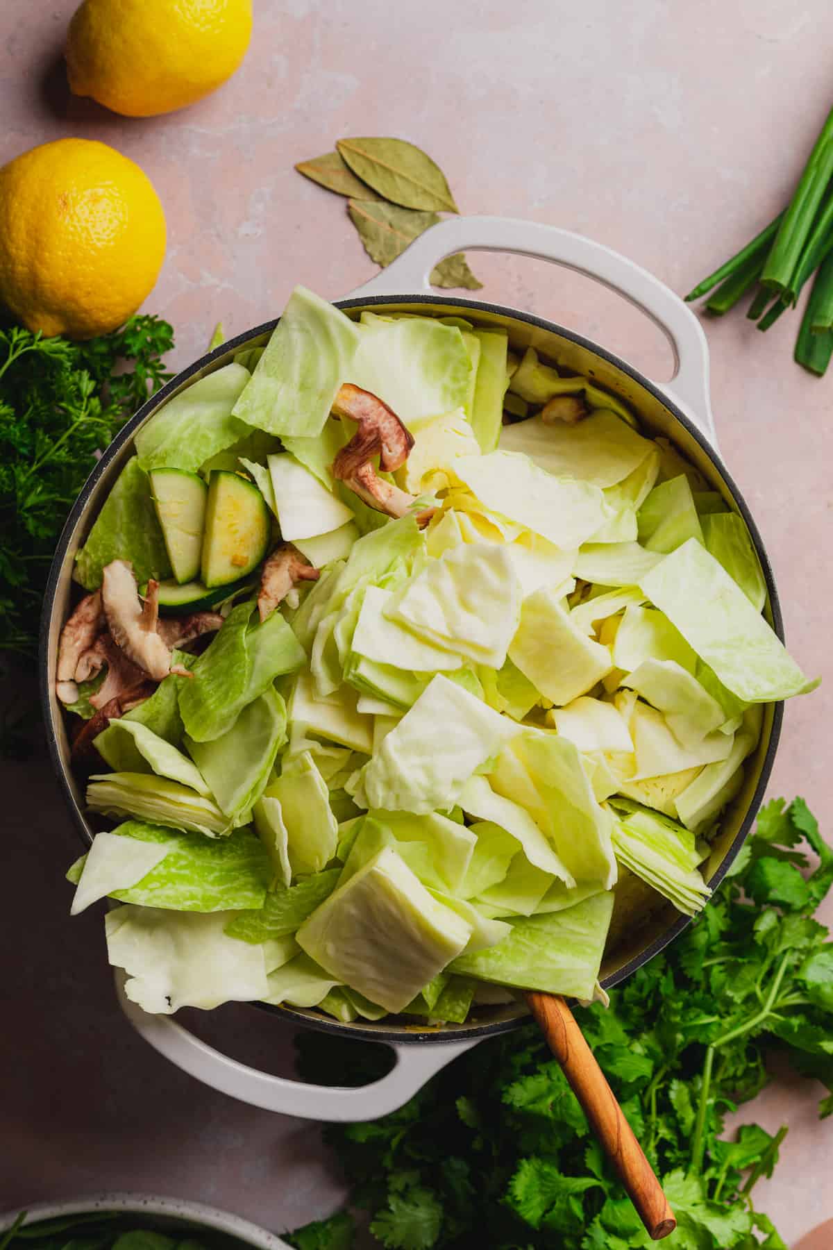 cabbage, zucchini and mushrooms in an enameled dutch oven