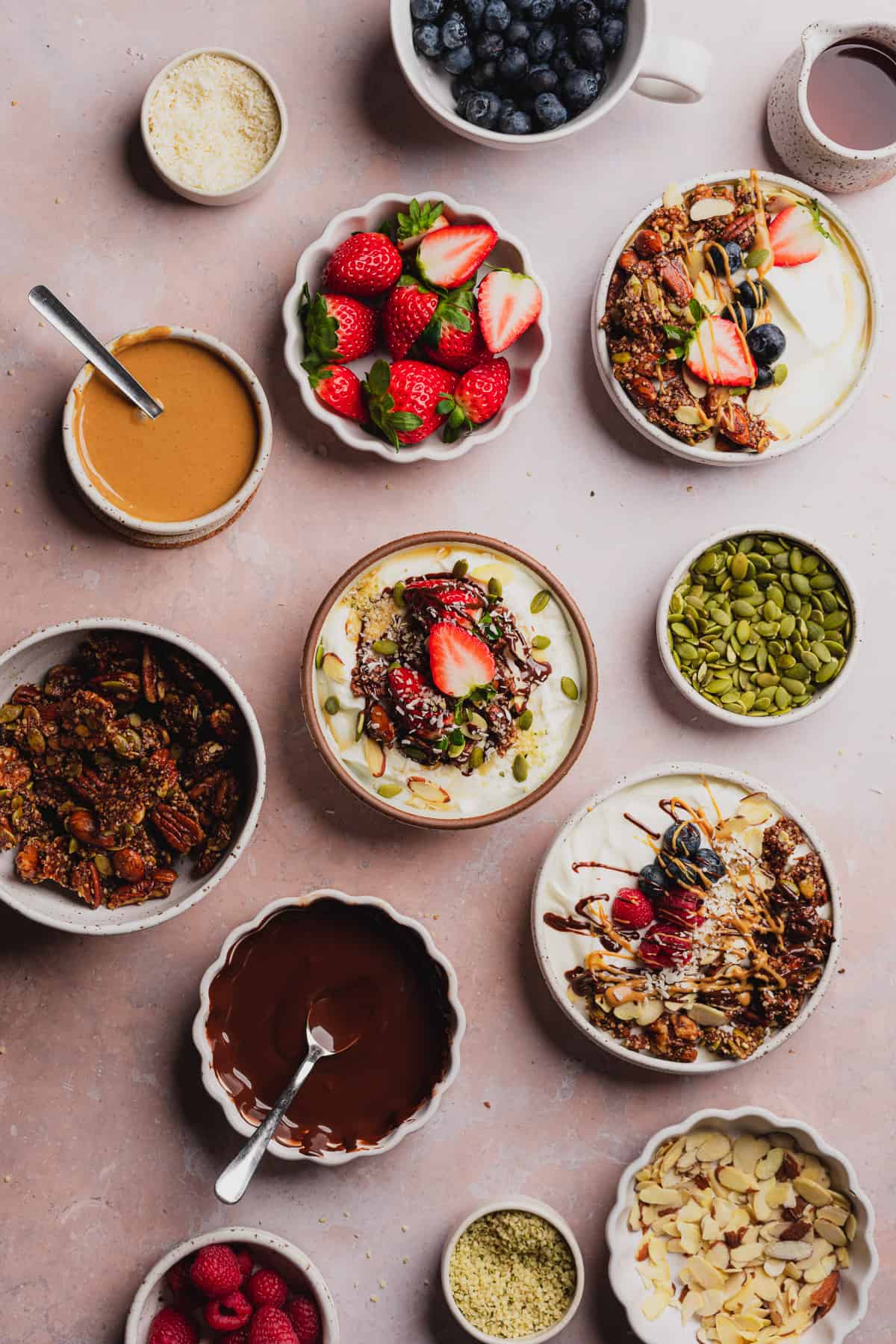 yogurt with granola and fruit, chocolate and peanut butter. 