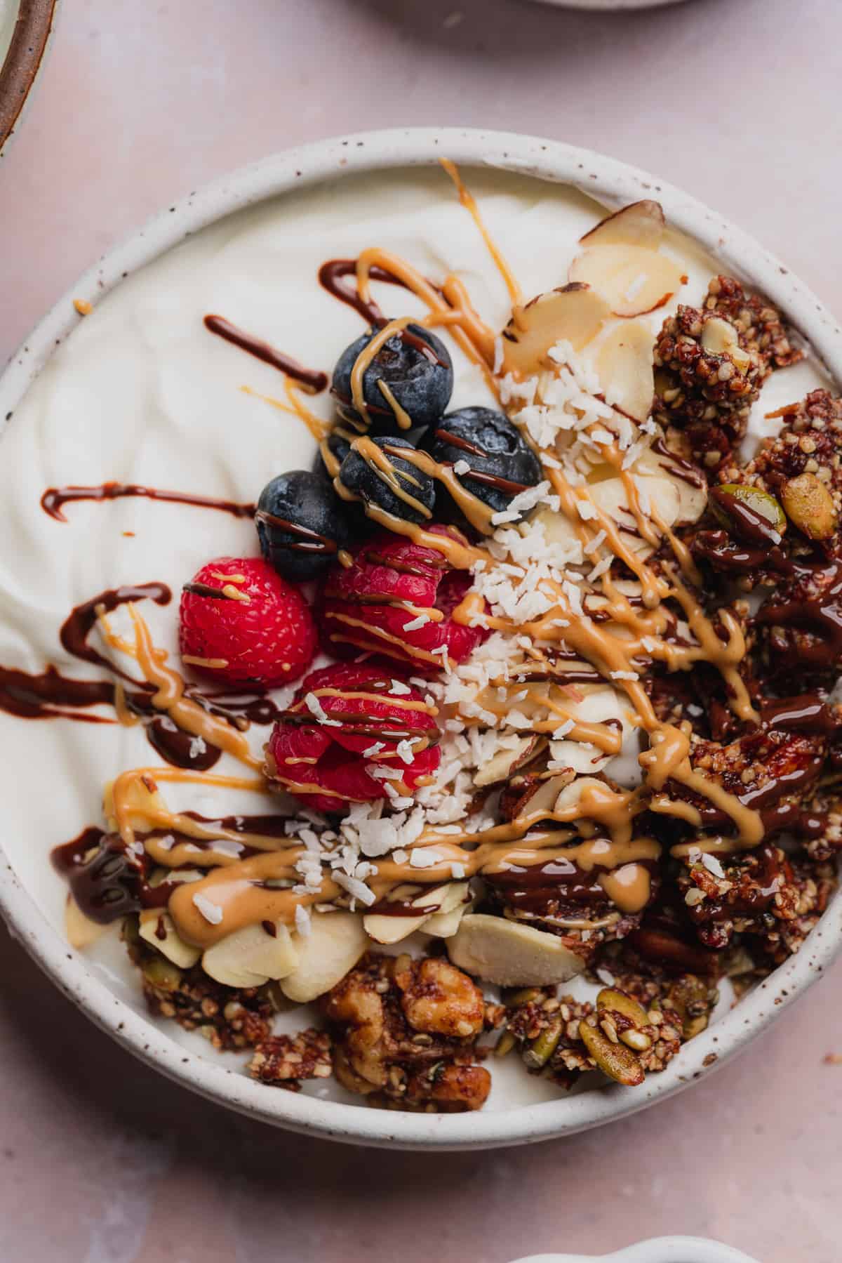 close up shot of yogurt with granola, fruit, peanut butter and chocolate. 