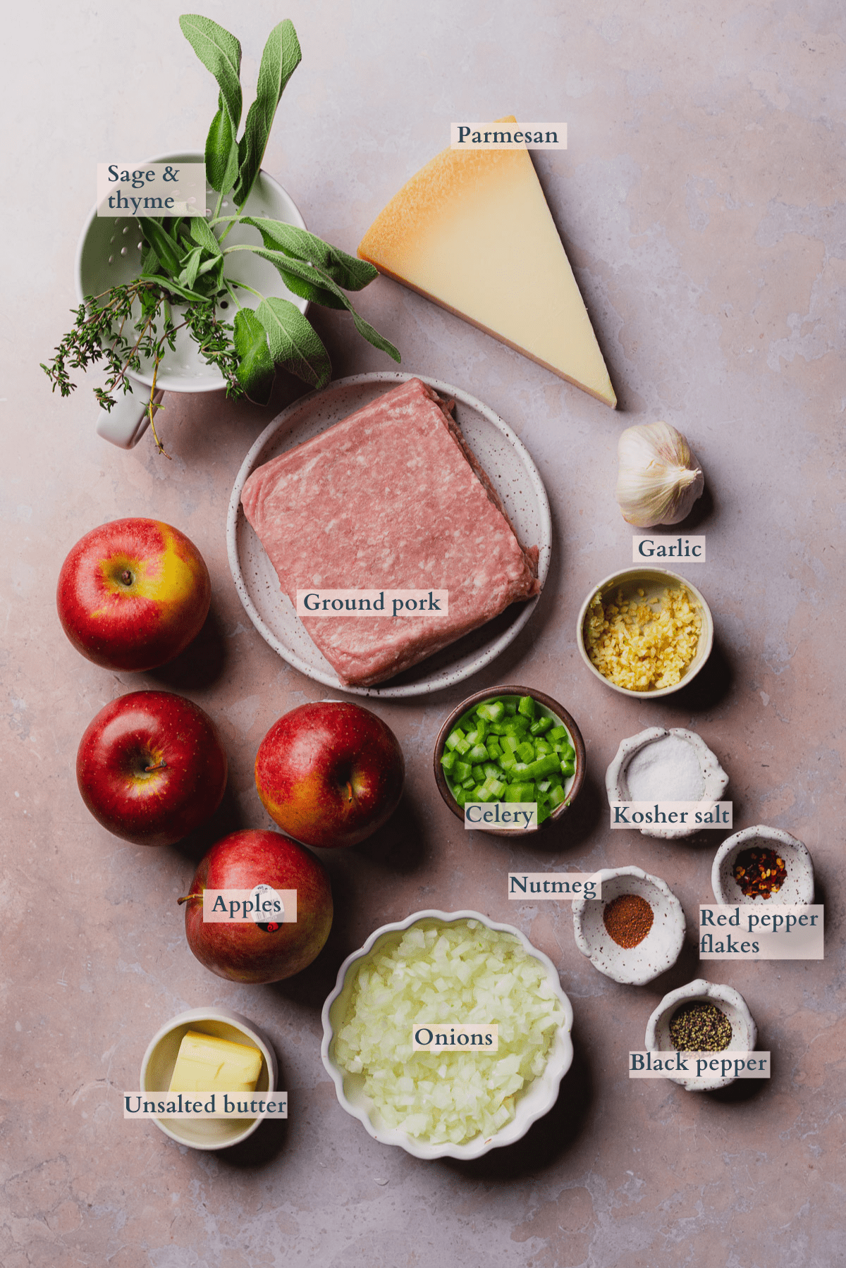 sausage stuffed apples ingredients graphic with text to denote different ingredients.