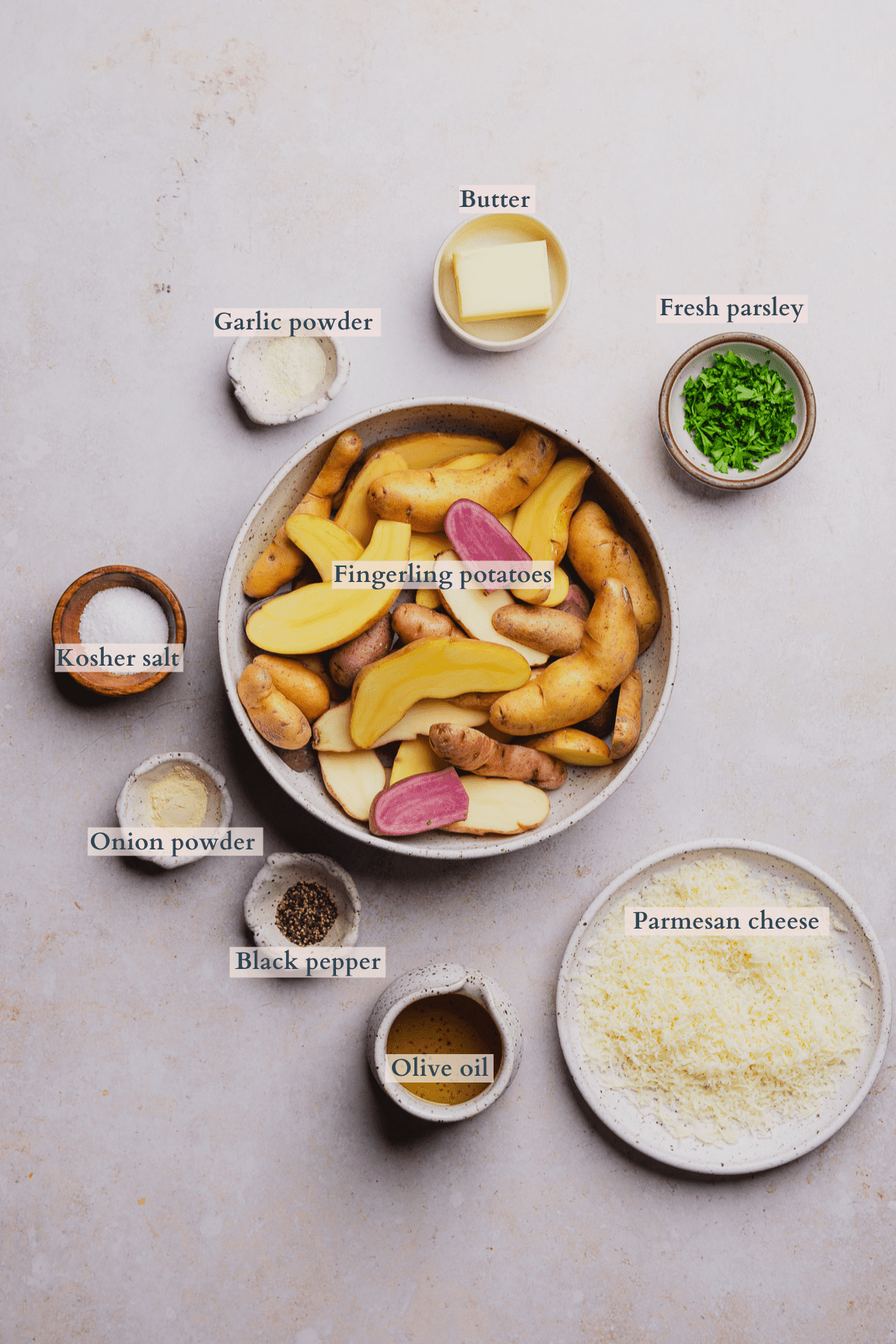 air fryer fingerling potatoes ingredients graphic with text to denote different ingredients