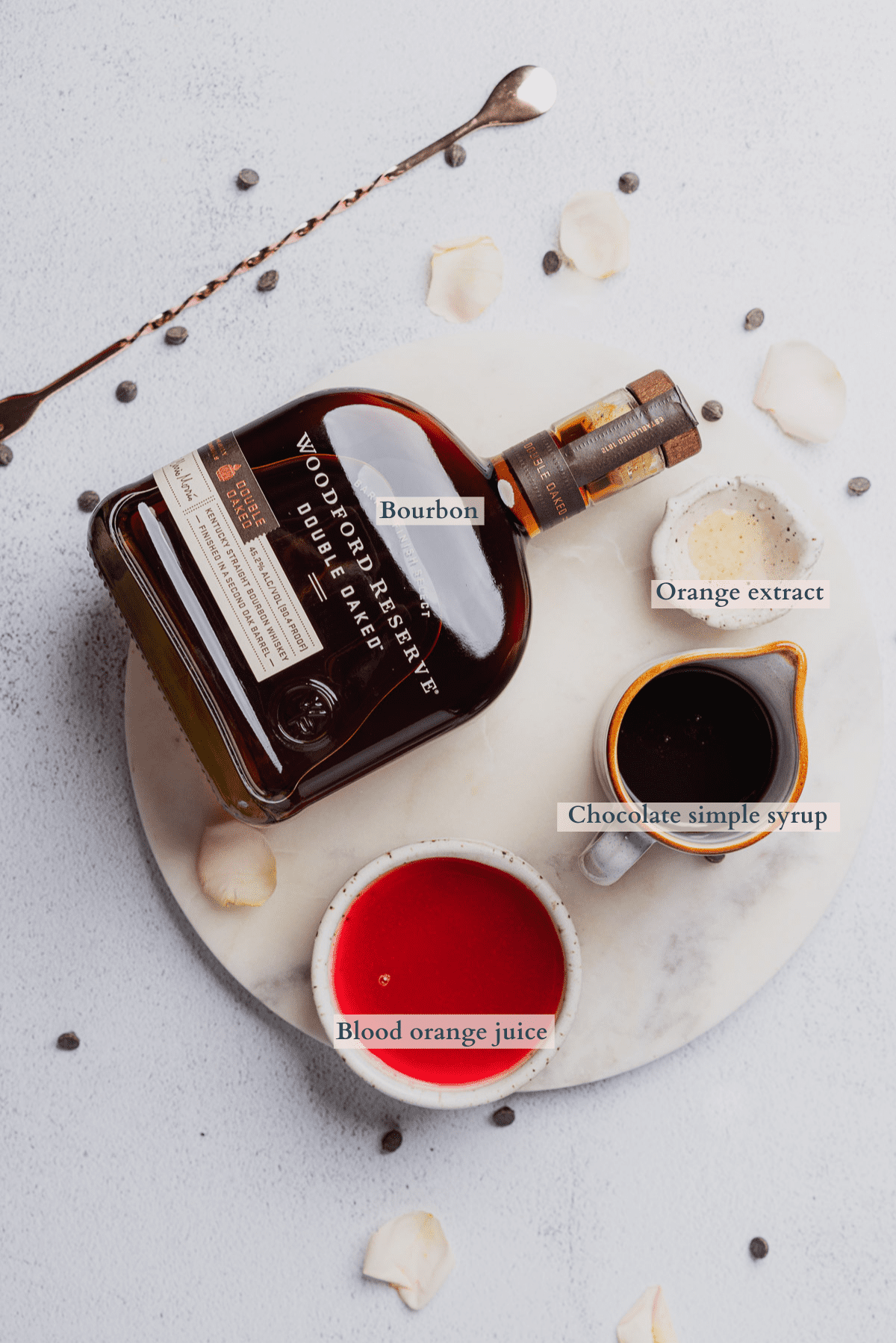 ingredients graphic for the chocolate old fashioned with blood orange with text to denote different ingredients