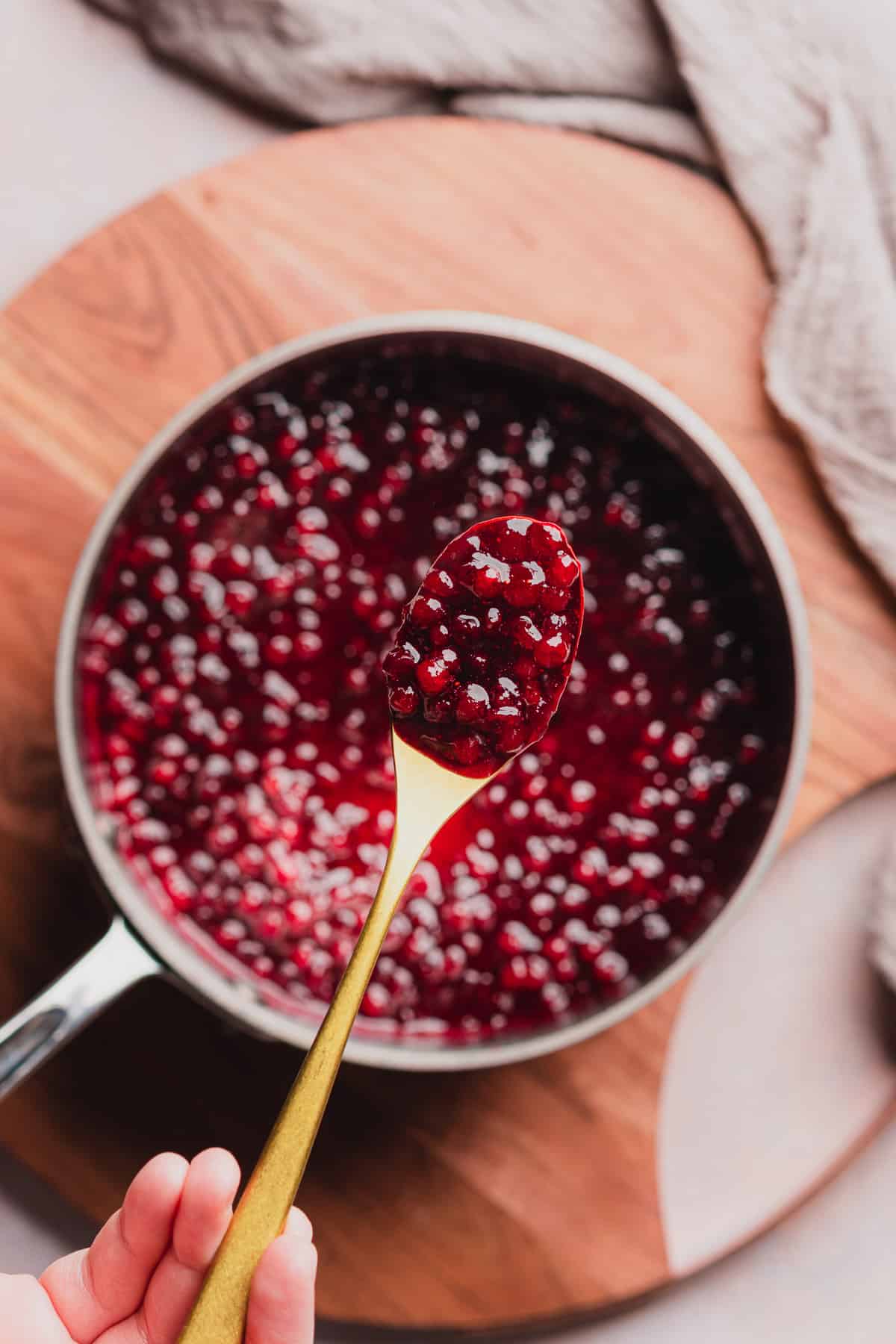 spoonful of lingonberry sauce over a small sauce pan of it. 