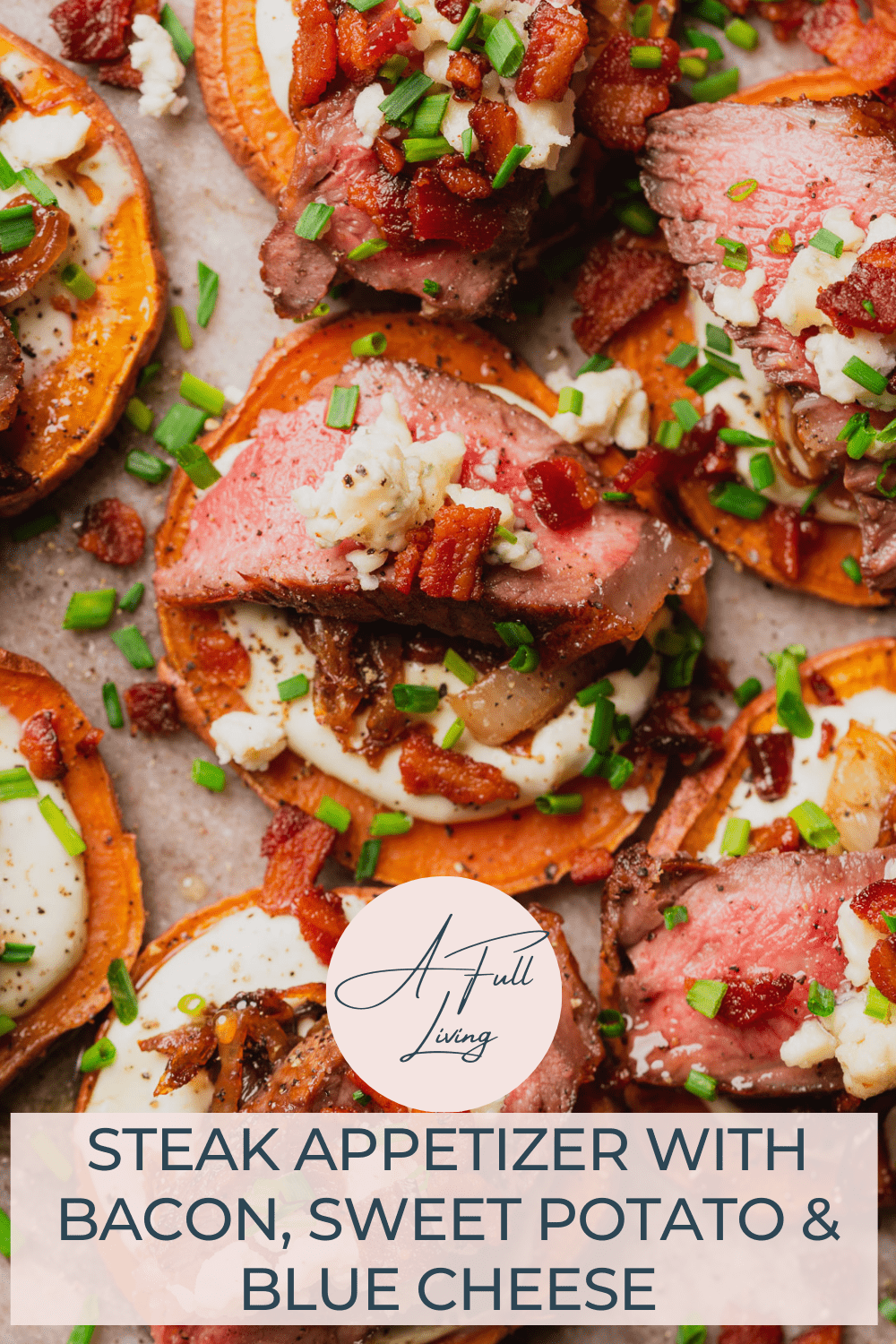 steak appetizer with bacon sweet potato and blue cheese