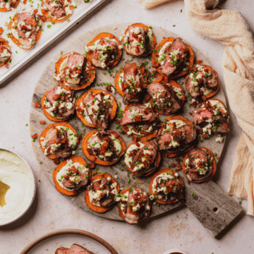 steak appetizer with bacon sweet potato and blue cheese