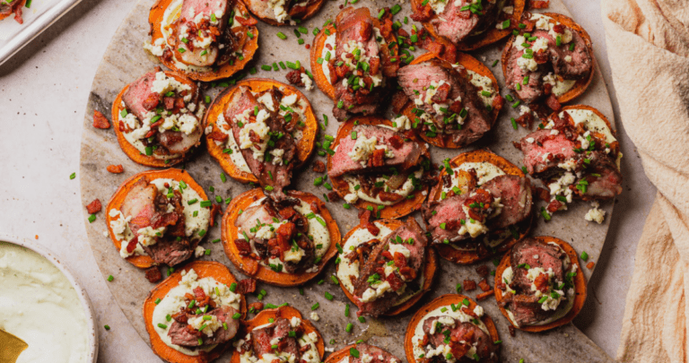 steak appetizer with bacon sweet potato and blue cheese