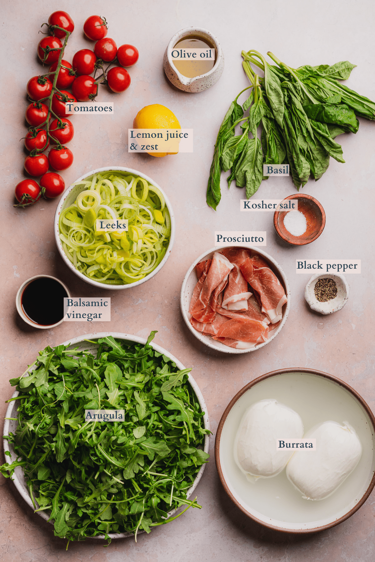 burrata and prosciutto arugula salad ingredients graphic with text to denote different ingredients
