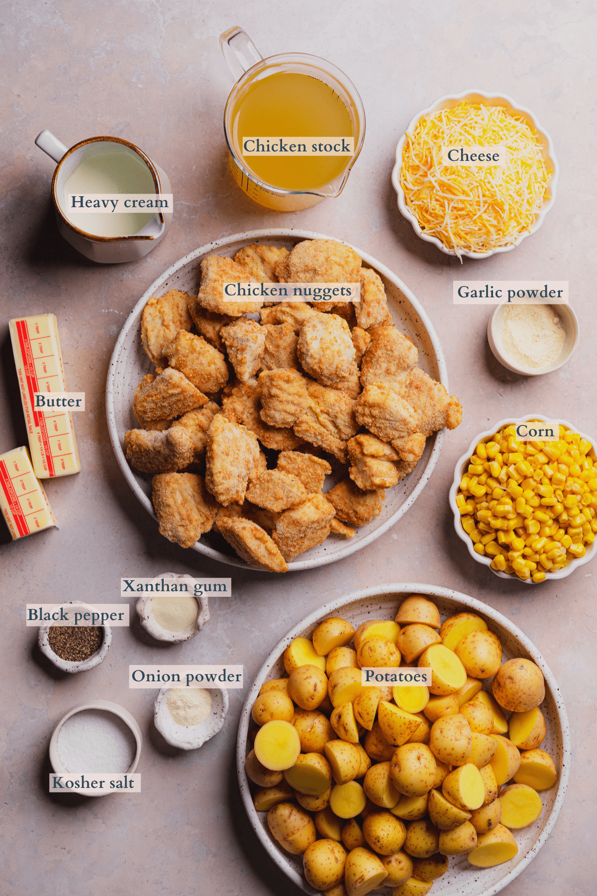 ingredients to make a kfc famous bowl recipe with text to denote different ingredients