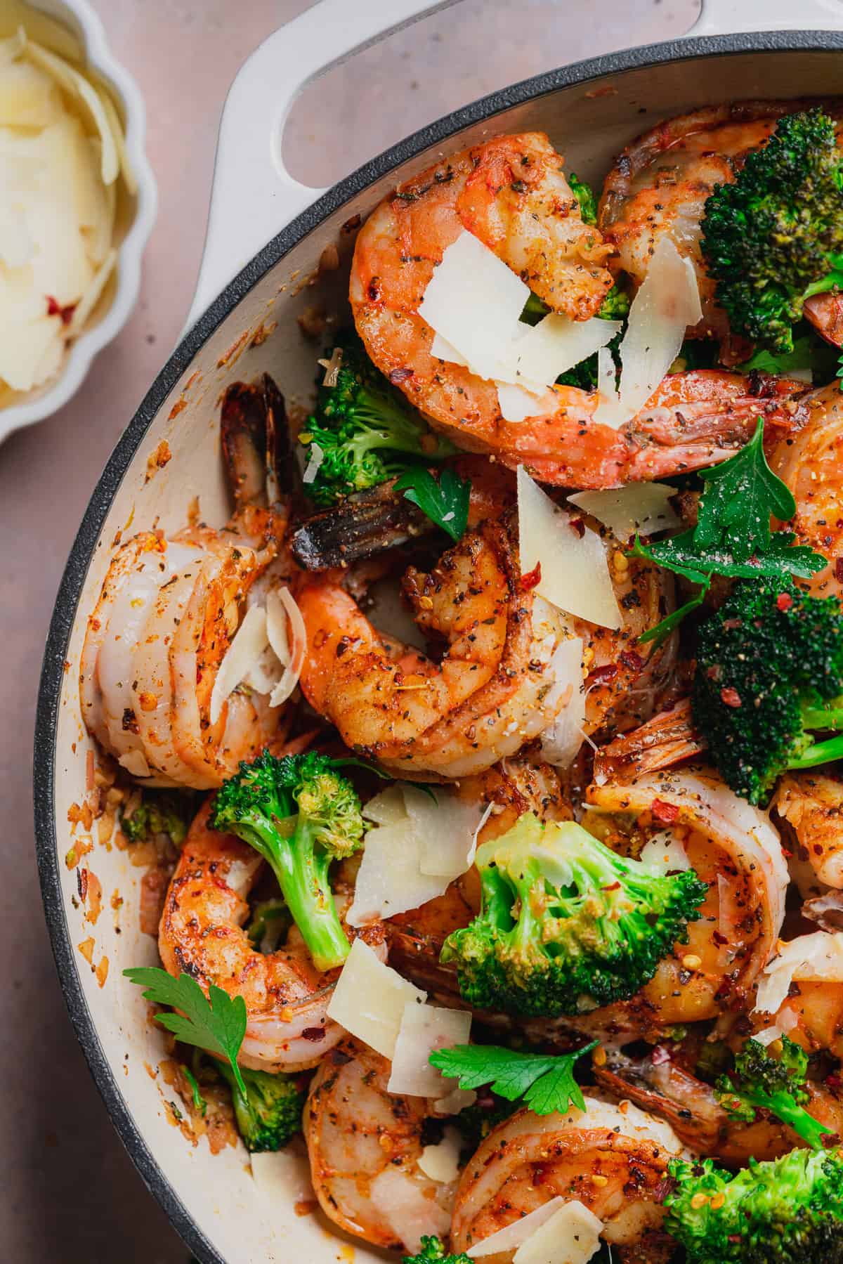 keto shrimp and broccoli skillet with parmesan cheese shavings