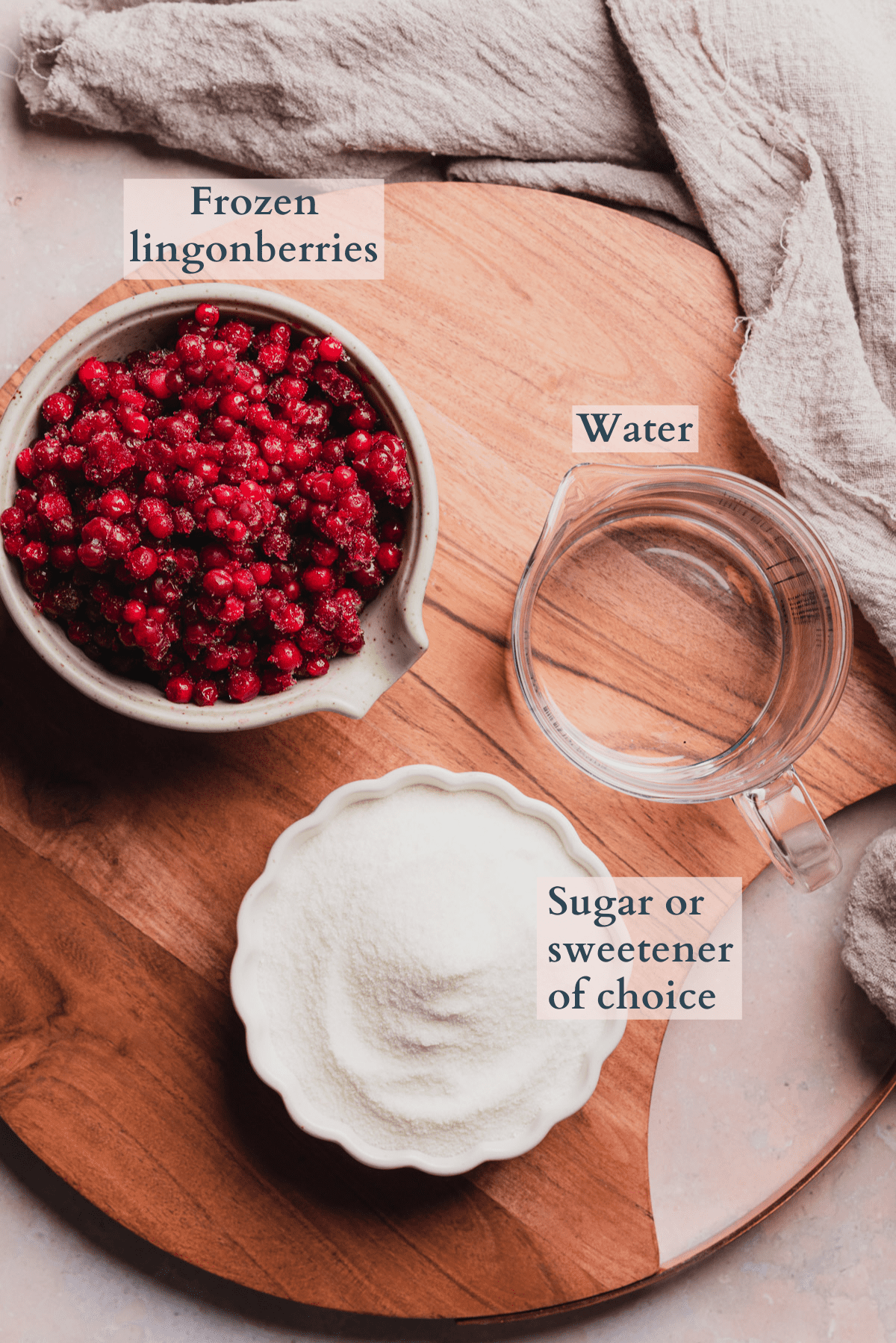 lingonberry sauce recipe ingredients graphic with text to denote different ingredients.
