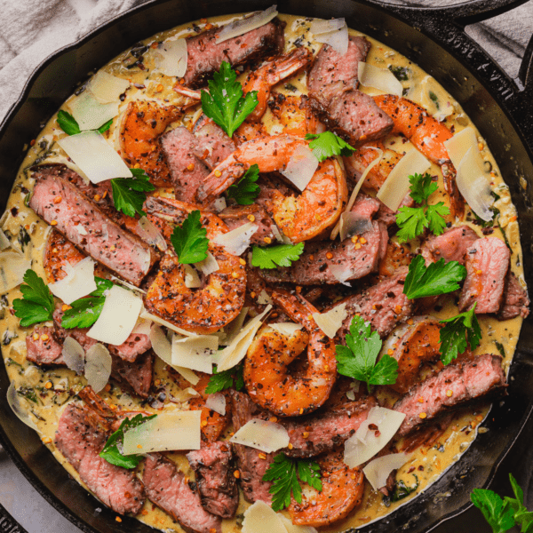 Steak and Seafood Skillet with Parmesan Cream Sauce - A Full Living