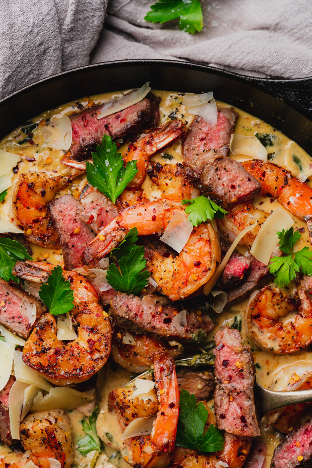Steak and Seafood Skillet with Parmesan Cream Sauce A Full Living