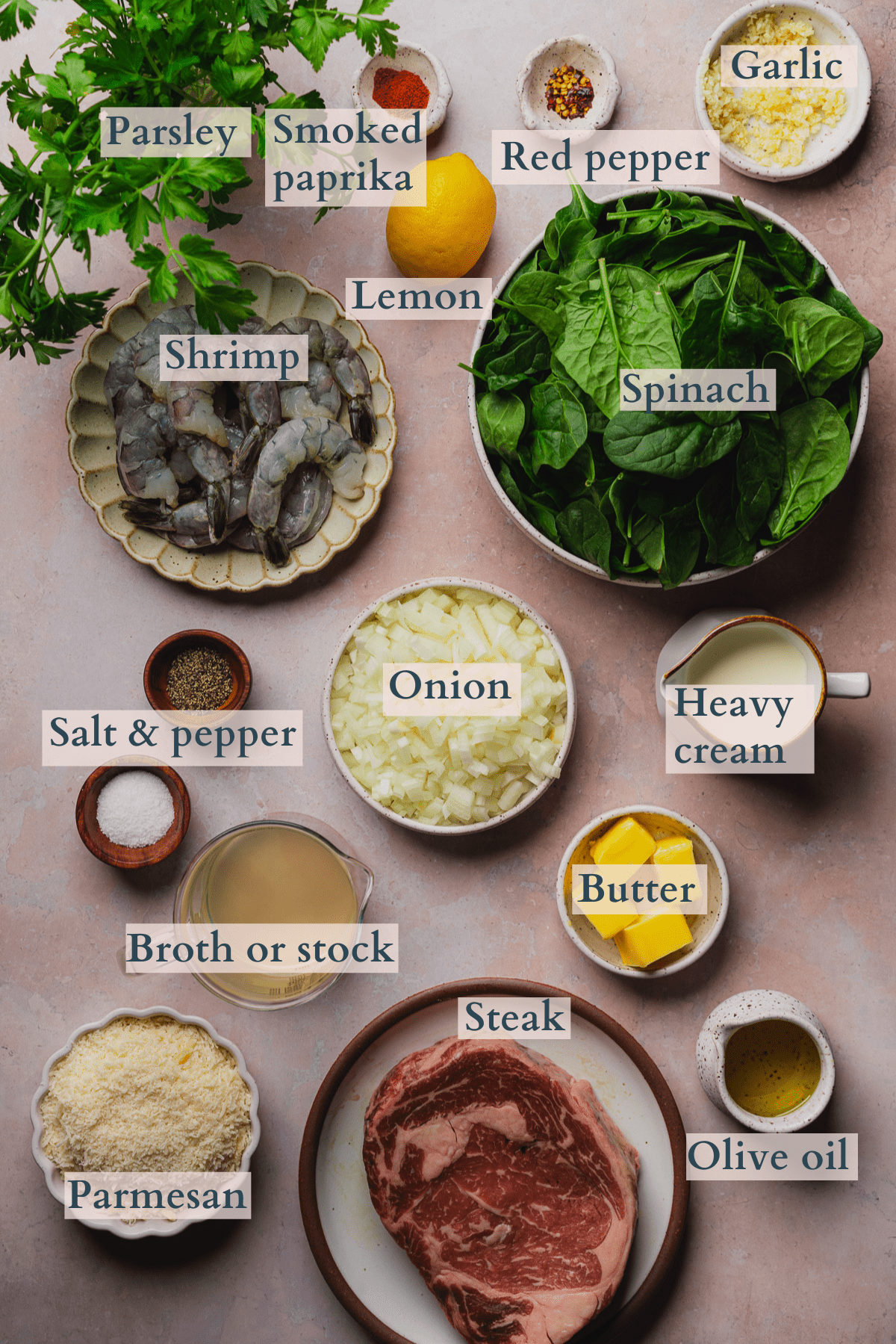 ingredients to make a steak and seafood recipe, with steak, shrimp, parmesan cheese, stock, heavy cream, spinach, salt and pepper, red pepper flakes, smoked paprika, lemon, butter, olive oil, parsley, onion, and garlic with text to denote. 