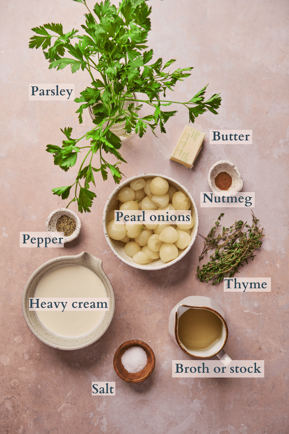 creamed pearl onions ingredients graphic with text to denote the pearl onions, heavy cream, butter, salt, pepper, nutmeg, chicken broth, thyme, and parsley. 