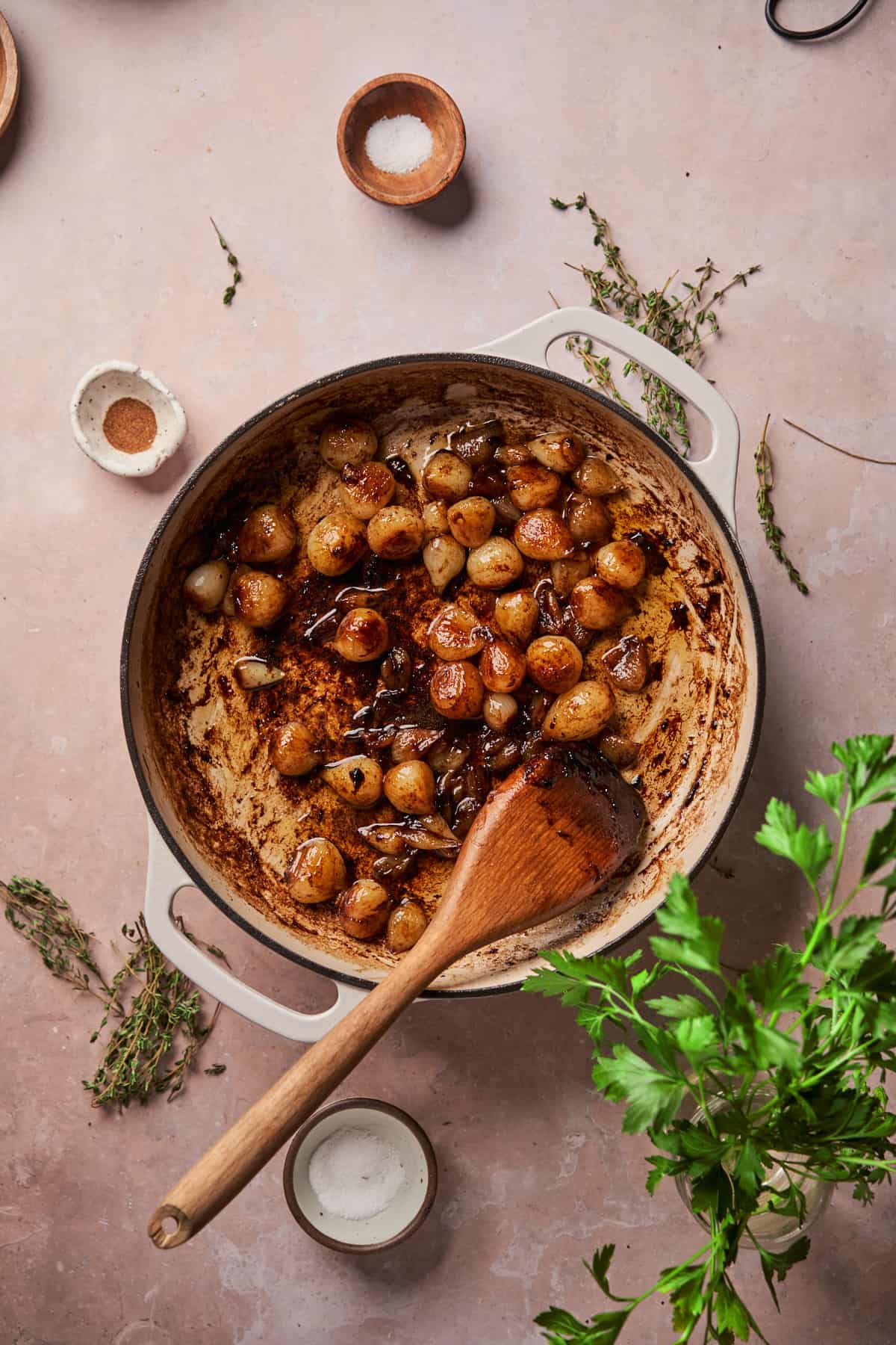 pearl onions in a pan. 