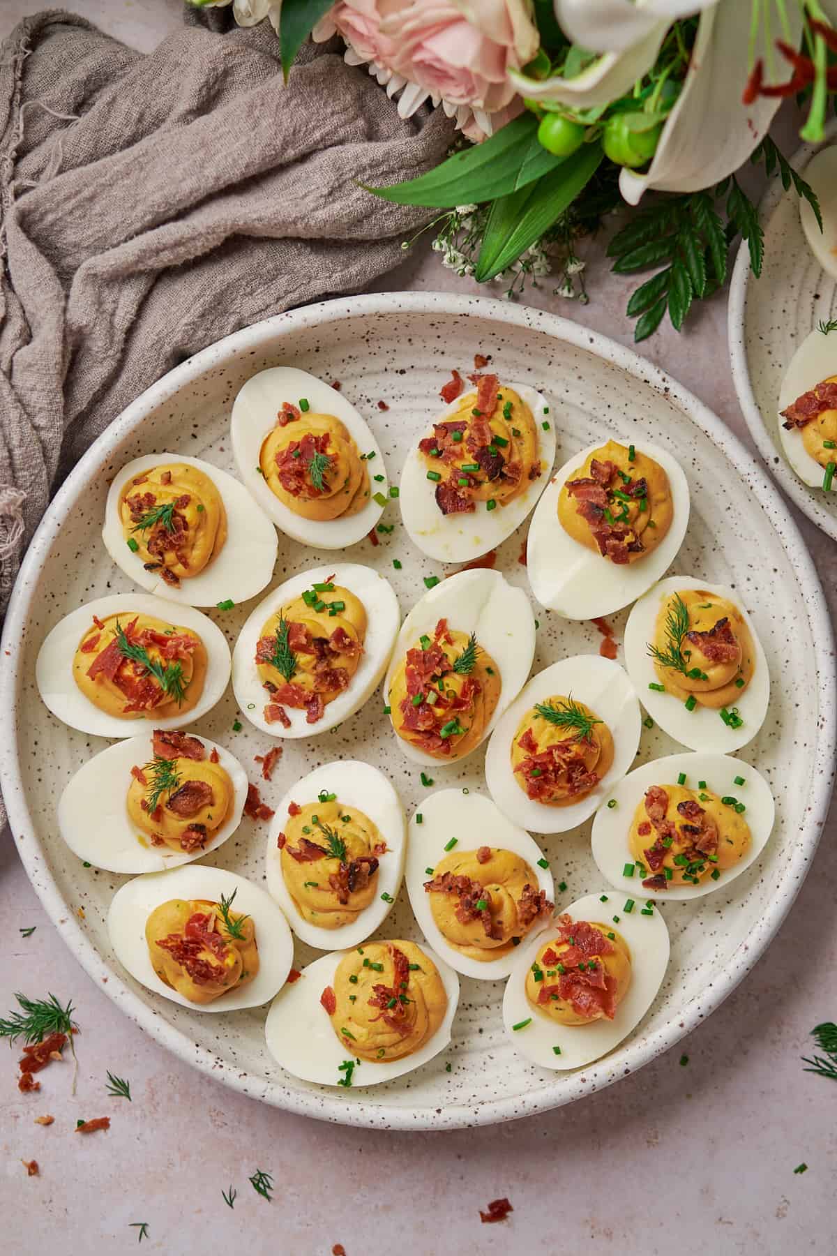 keto deviled eggs recipe with bacon and fresh herbs