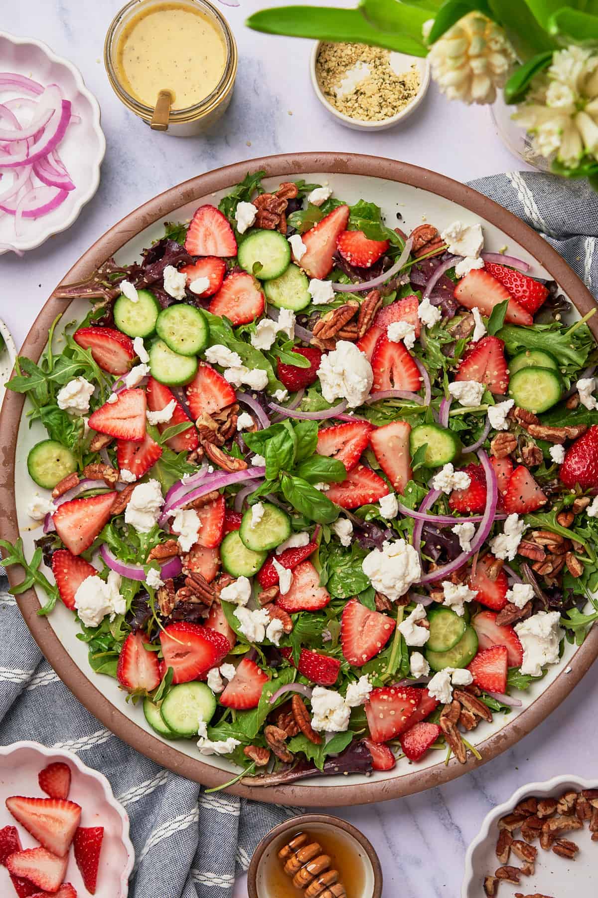 strawberry goat cheese salad on a large serving platter. 