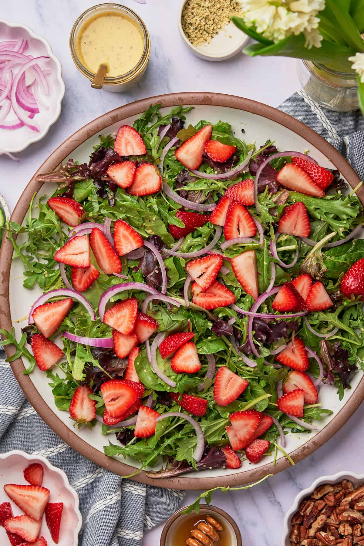 spring mix with red onions, and strawberries. 