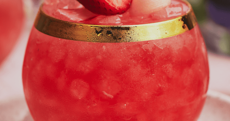 rhubarb gin cocktail with strawberries.