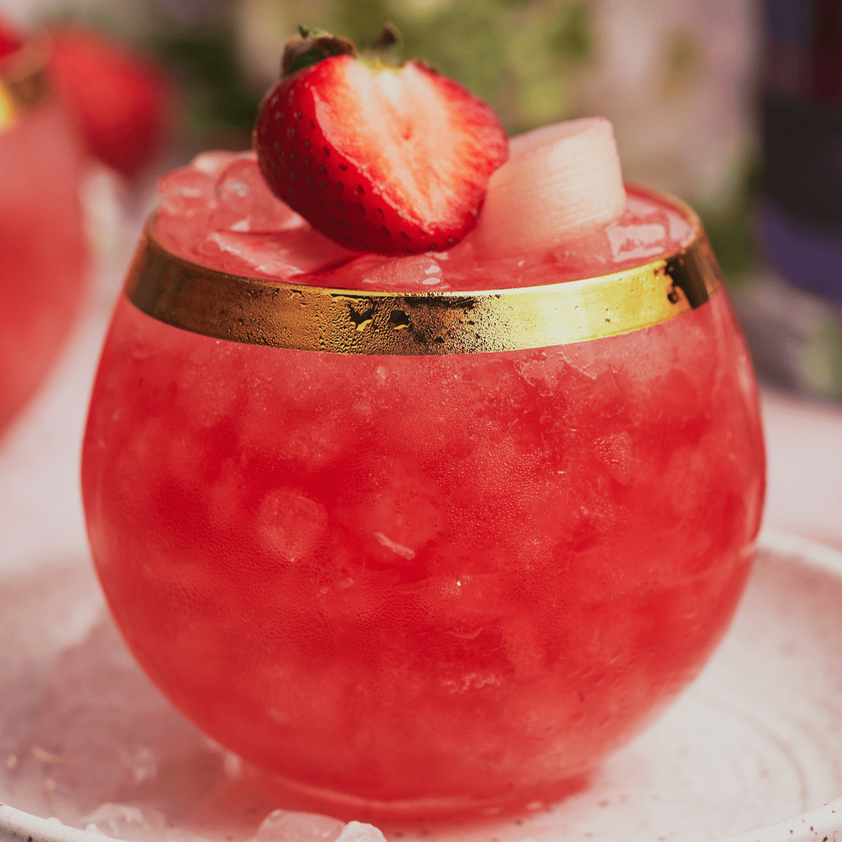 rhubarb gin cocktail with strawberries.