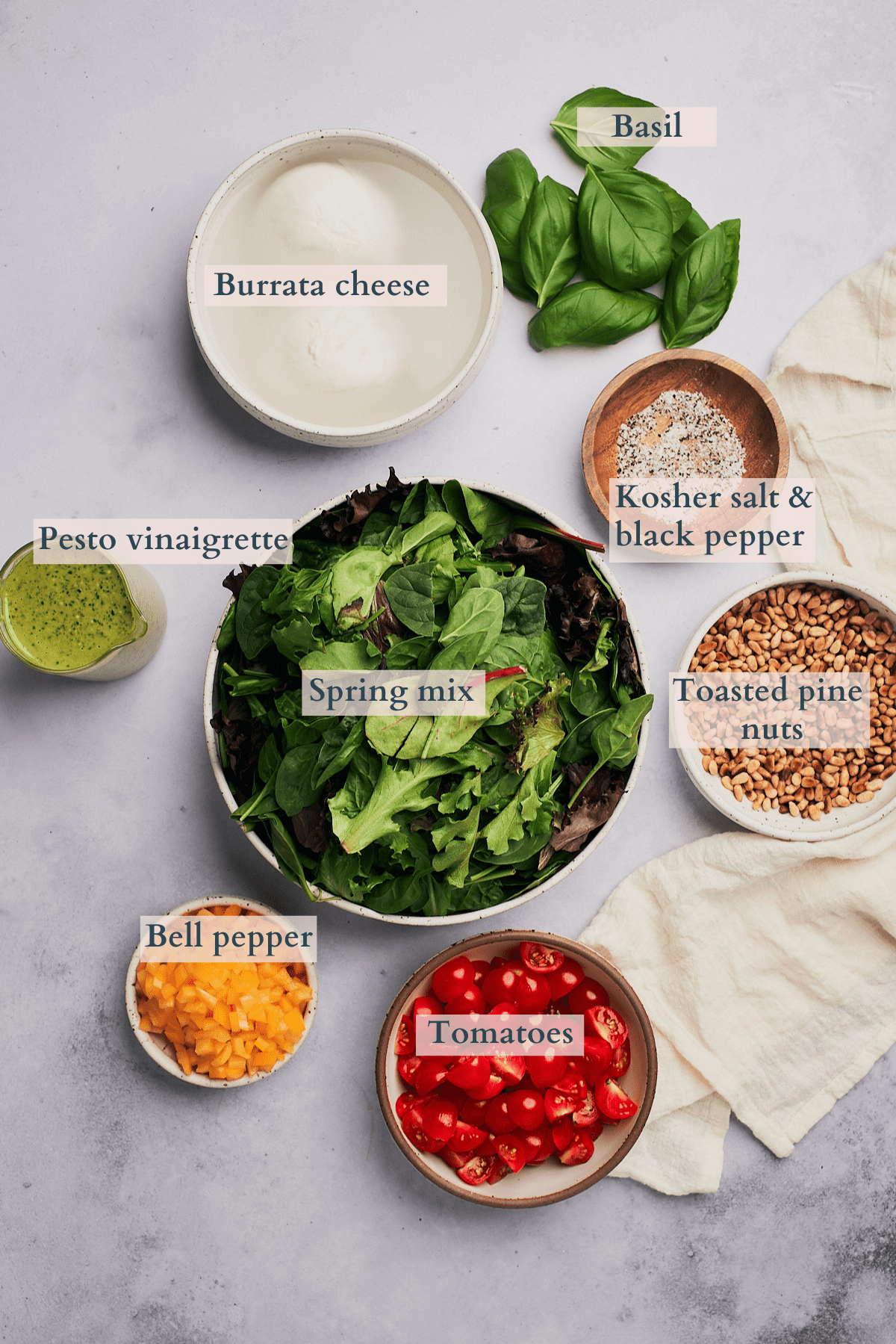 burrata salad ingredients graphic with text to denote ingredients, including tomatoes, spring mix, pesto vinaigrette, toasted pine nuts, bell peppers, basil, burrata cheese, kosher salt and black pepper. 