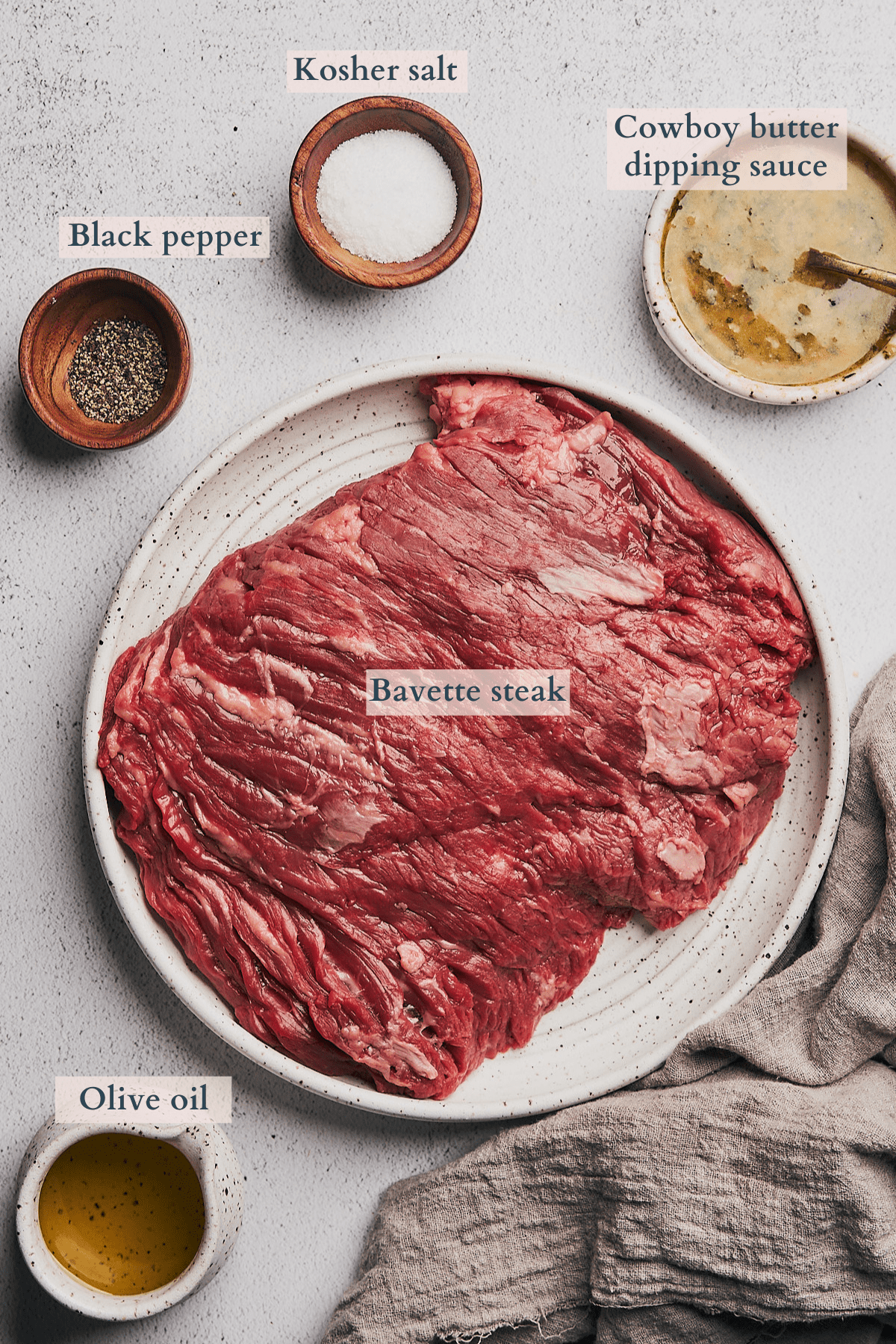 bavette steak ingredients graphic with text to denote different ingredients including raw steak, kosher salt, black pepper, cowboy butter dipping sauce, and olive oil. 
