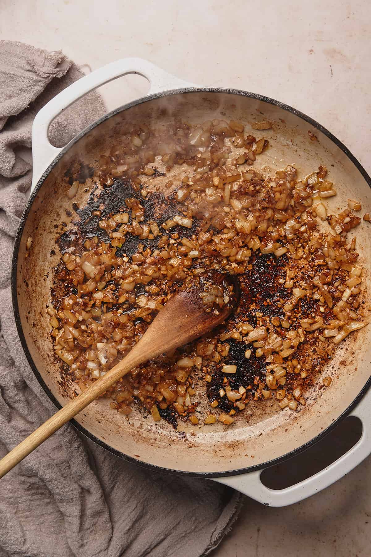 cooked onion in an enameled cast iron skillet. 