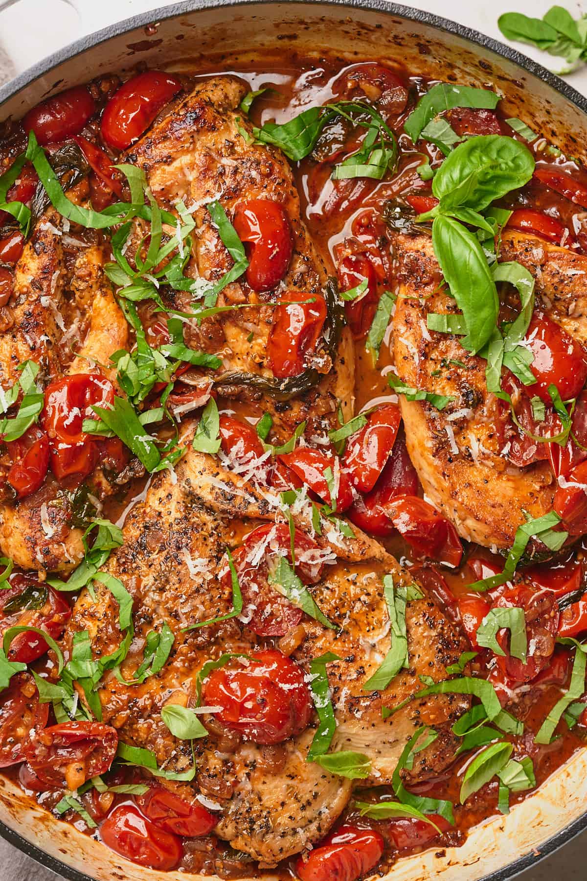 chicken in cherry tomato sauce with fresh basil. 