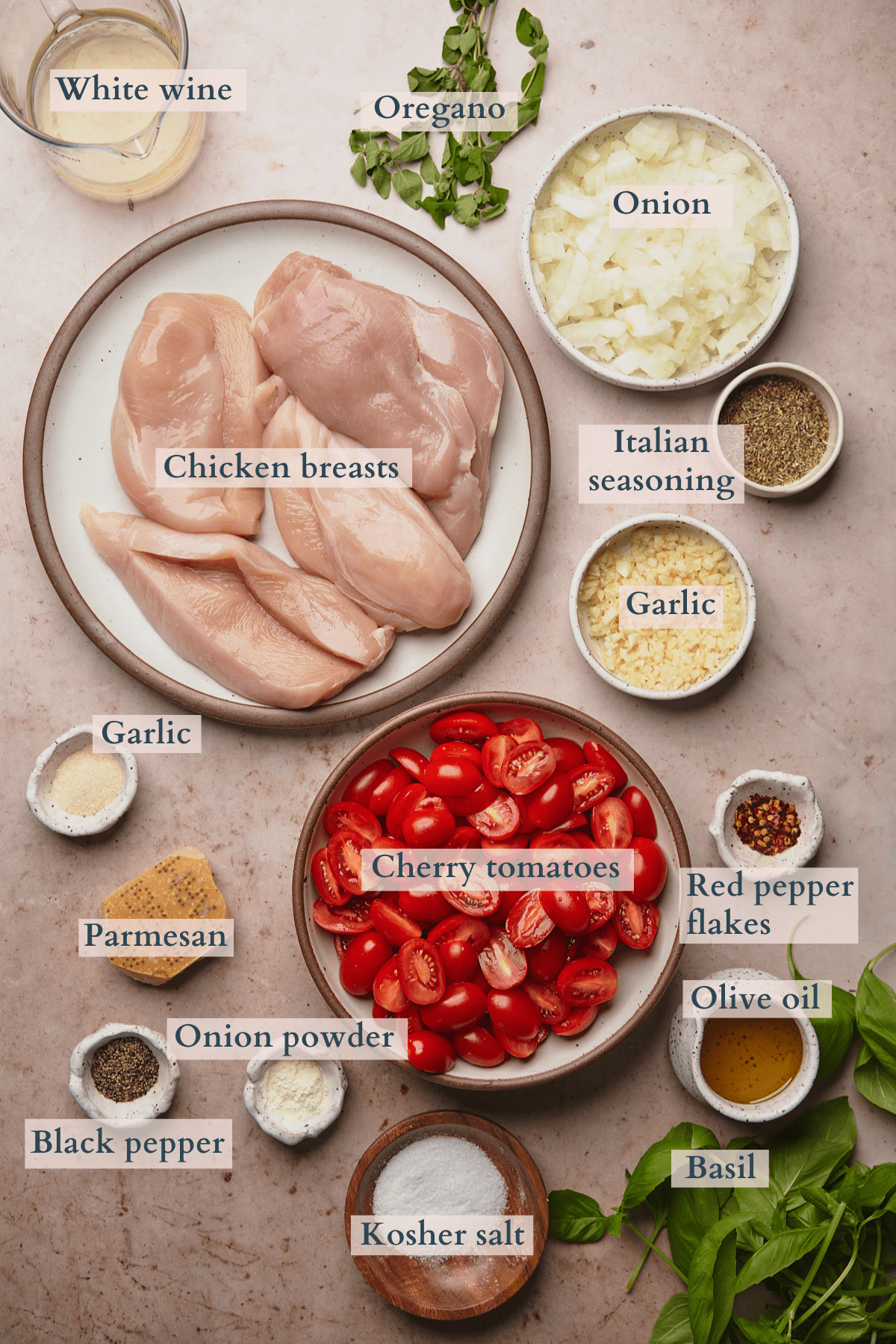 chicken pomodoro ingredients laid out in ceramic bowls and on plates with text to denote each ingredient. 