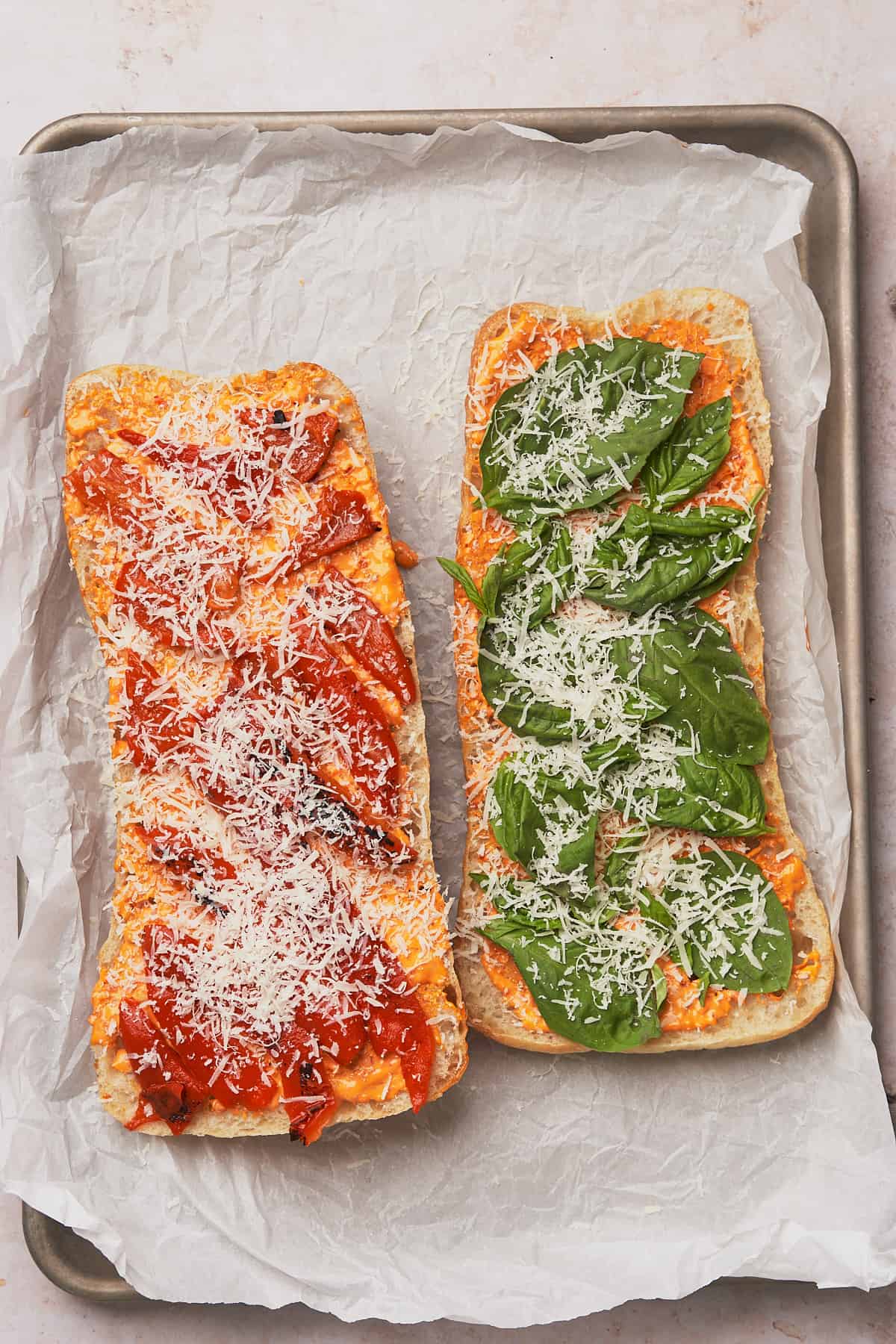 ciabatta bread with chili mayo, layered with roasted red peppers, fresh basil. and freshly grated parmesan. 