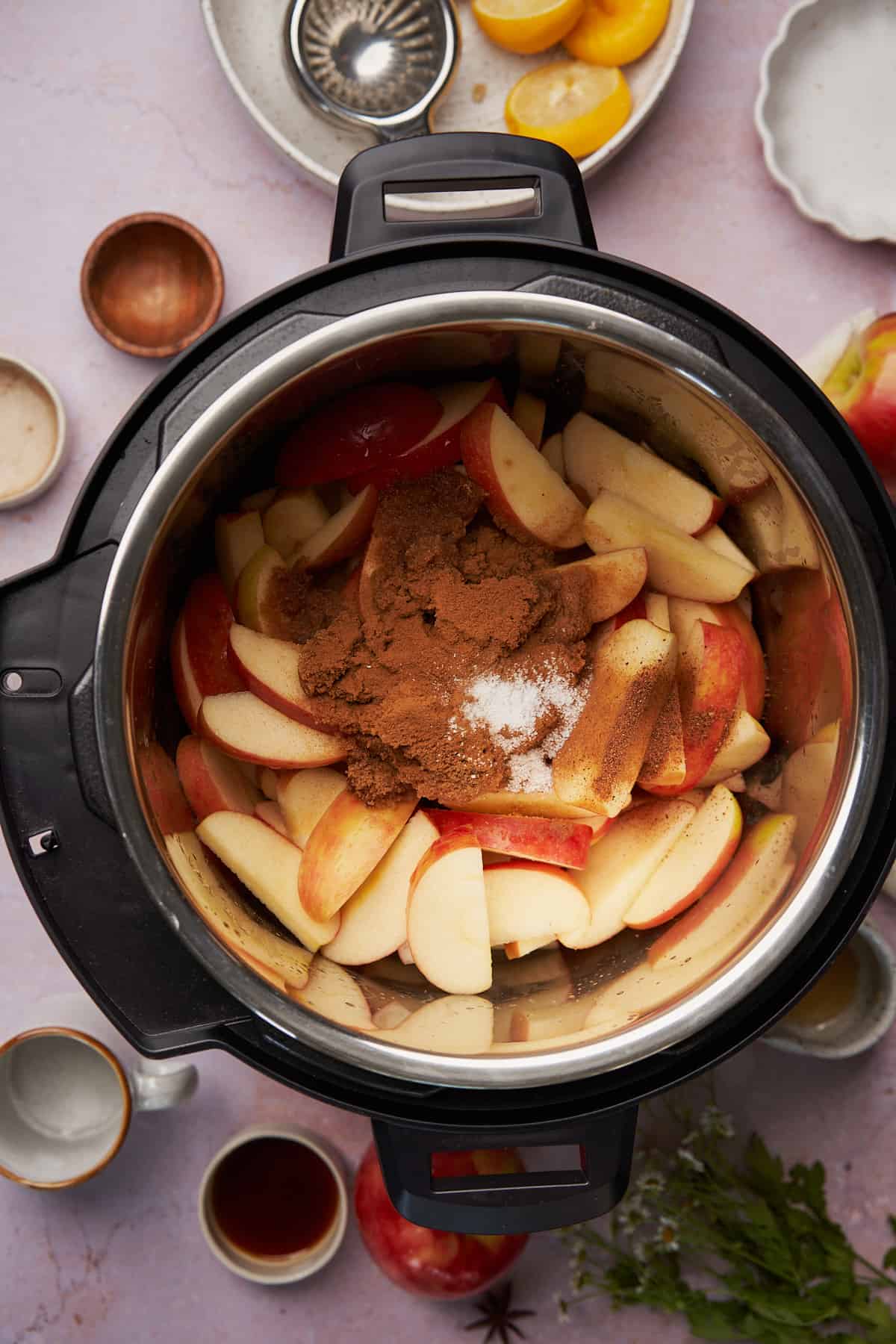 cinnamon, salt, and brown sugar in an instant pot with apples. 
