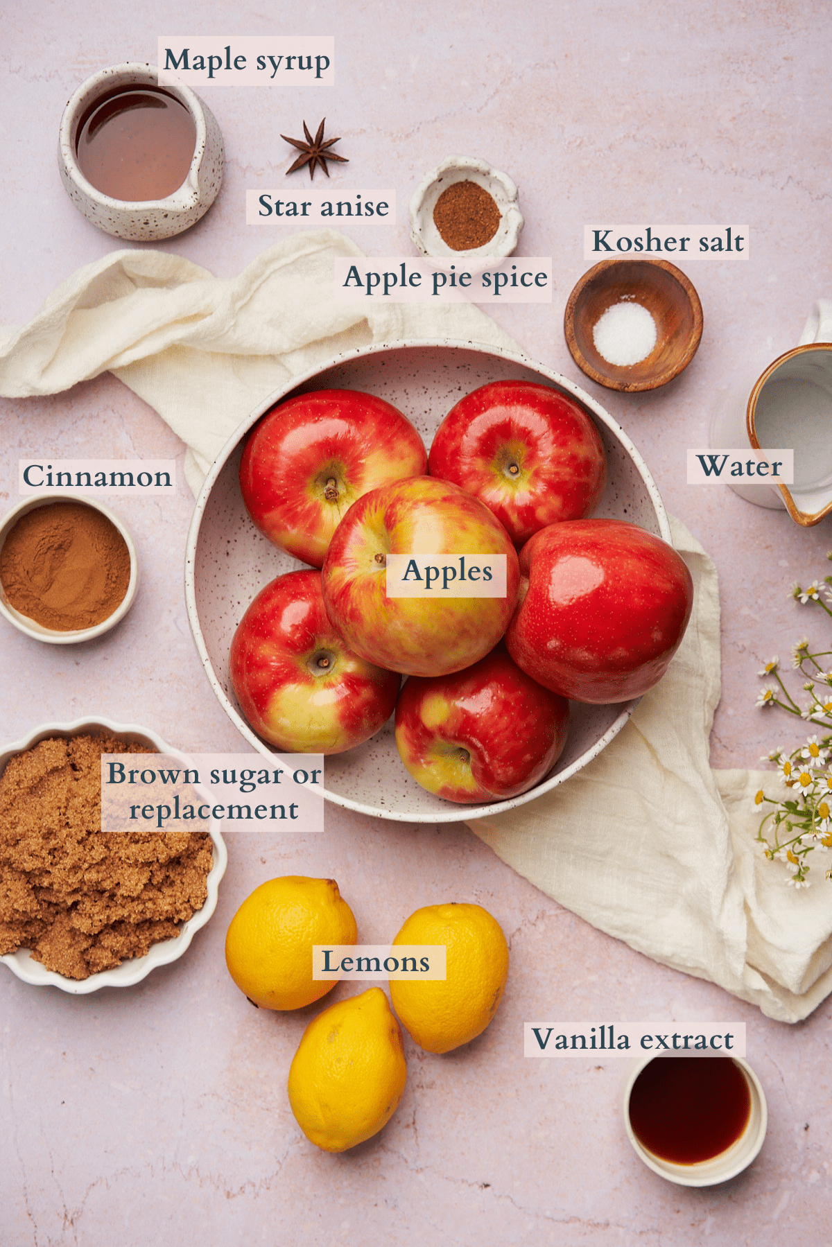 ingredients to make apple butter laid out on a table in small ceramic bowls with text overlaying to denote each ingredient. 