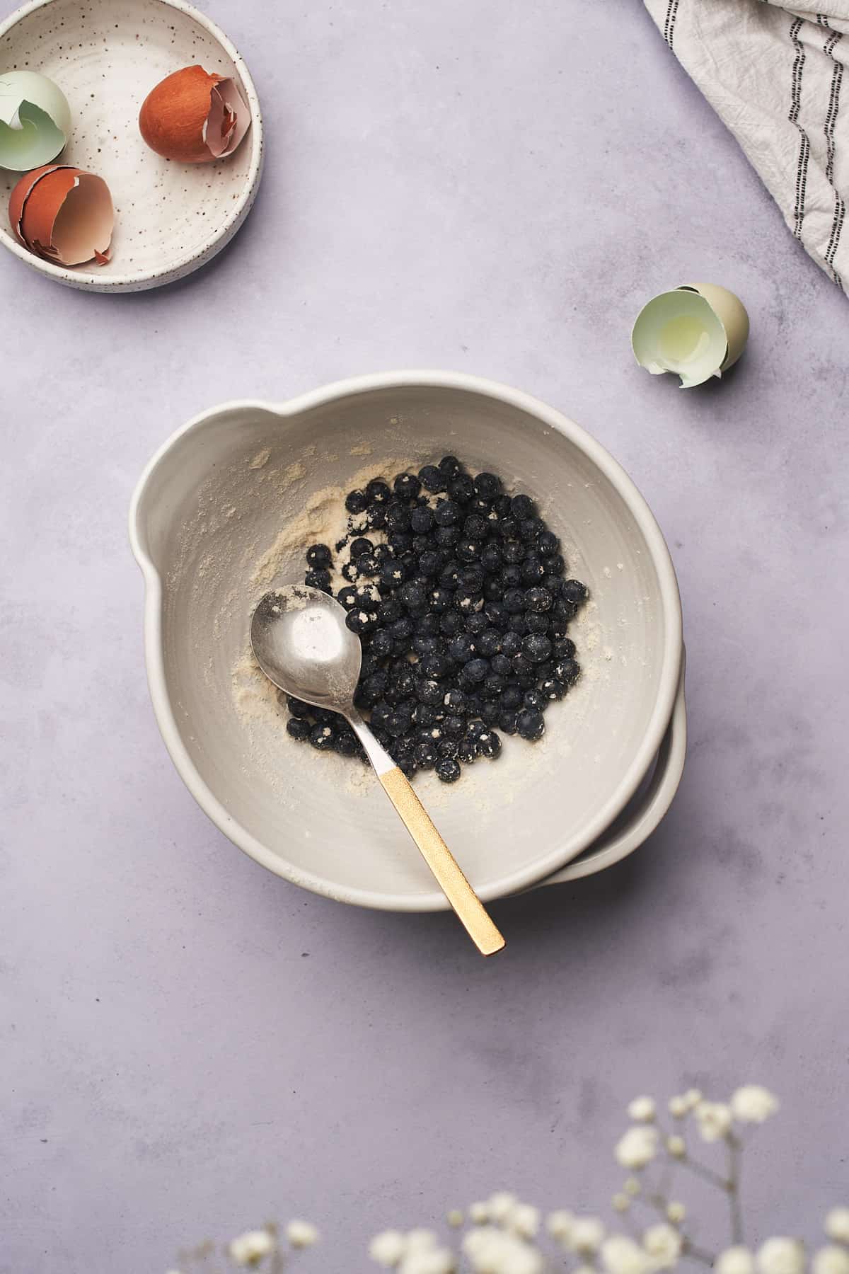 blueberries in a ceramic bowl with coconut flour and a spoon. 