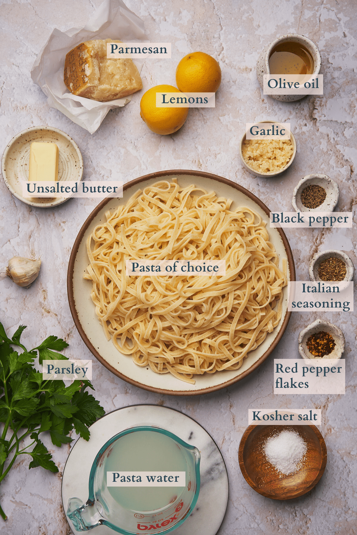 lemon garlic pasta ingredients with text denoting each ingredient. 