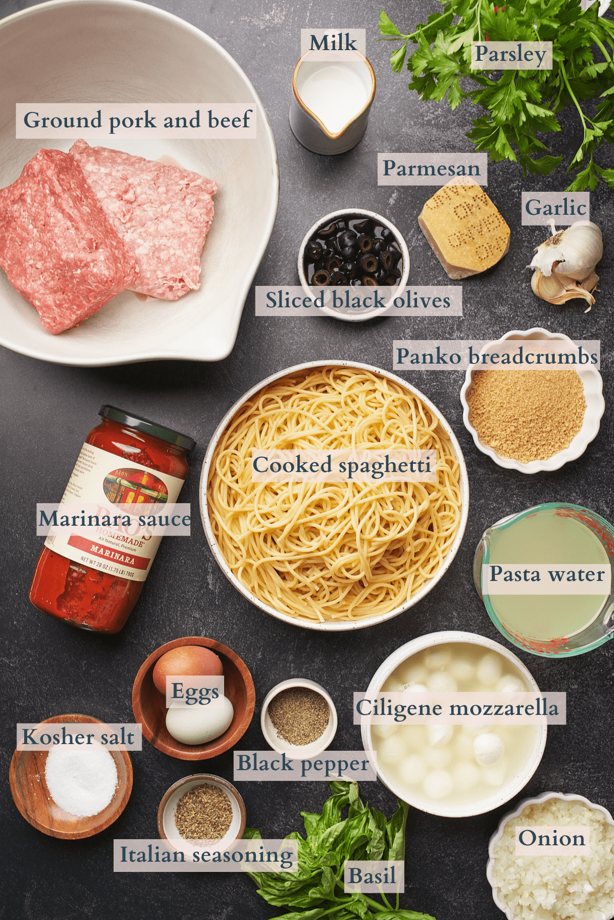 ingredients to make halloween spaghetti and meatball, with text to denote each ingredient. 