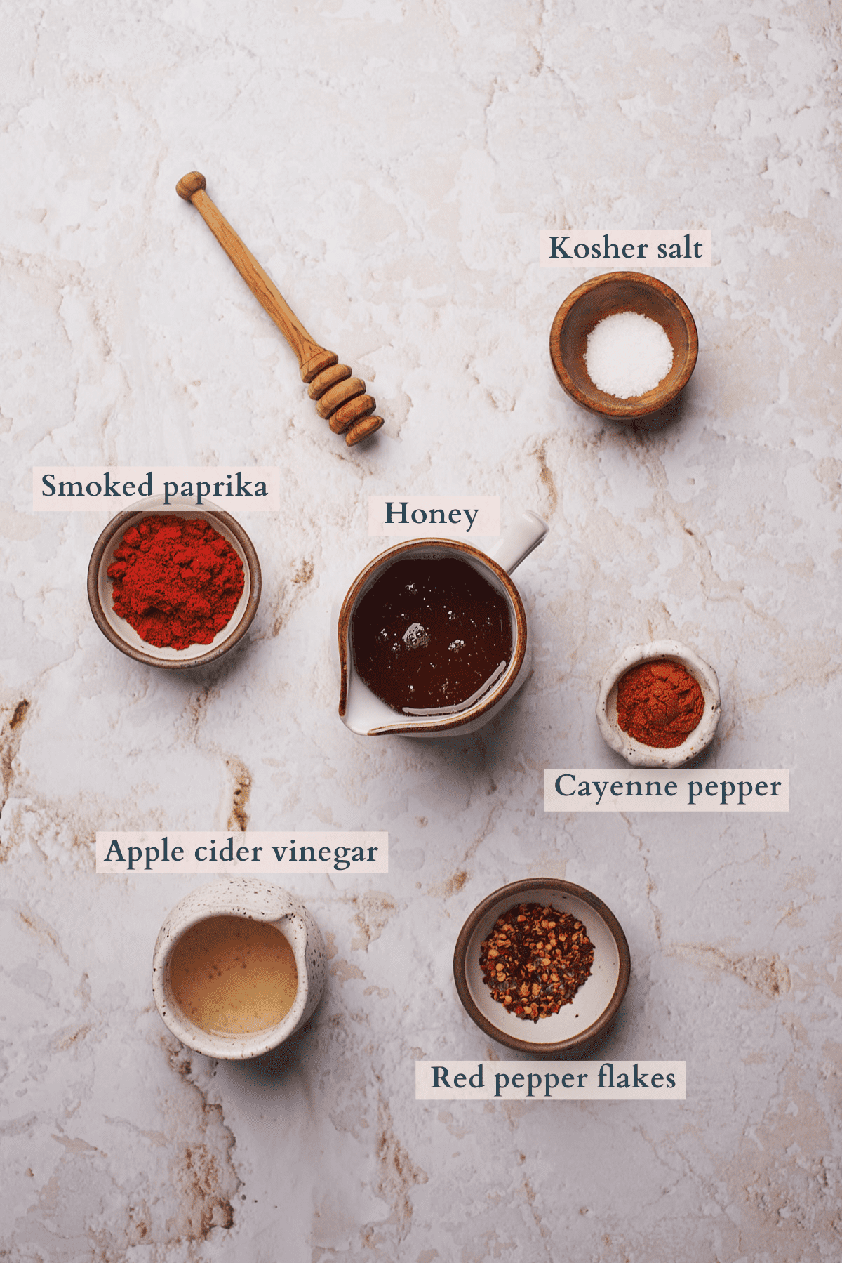 hot honey ingredients with text overlaying to denote each ingredient.  
