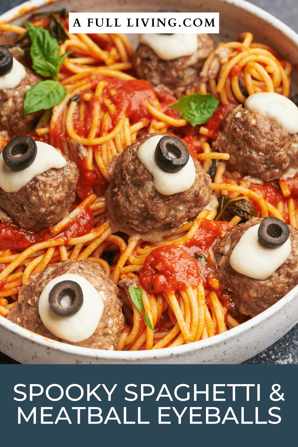 spooky spaghetti with meatball eyeballs