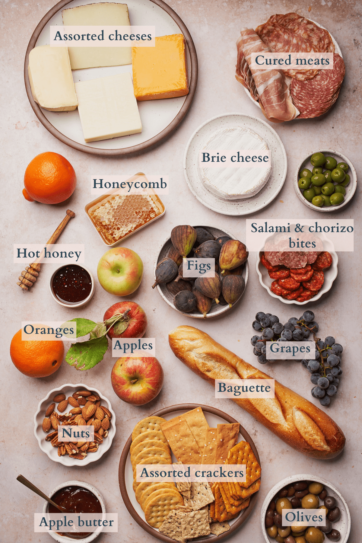 ingredients to make a fall charcuterie board, with text overlaying to denote different ingredients.