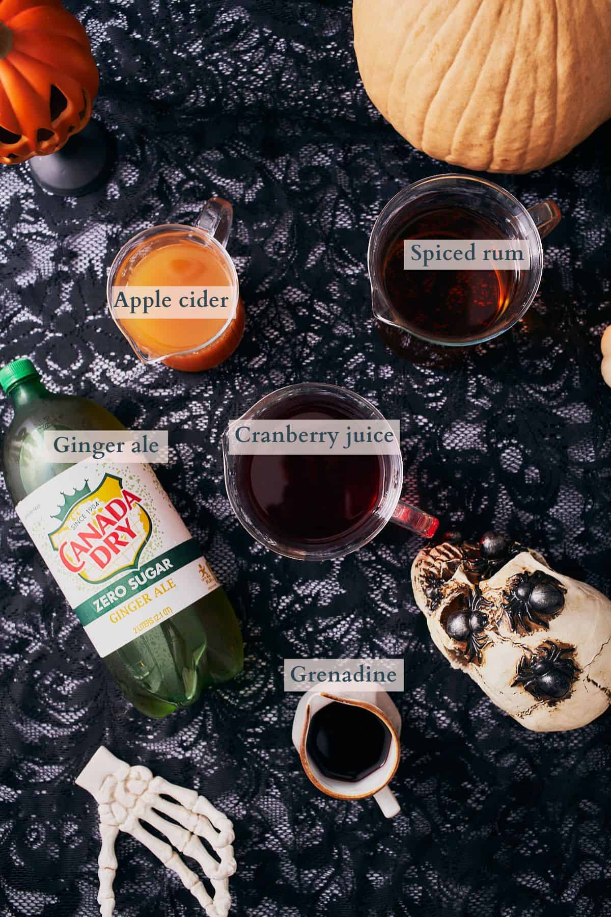 ingredients to make halloween punch with a skull, a jackolantern, ginger ale, grenadine, apple cider, cranberry juice, and spiced rum. 